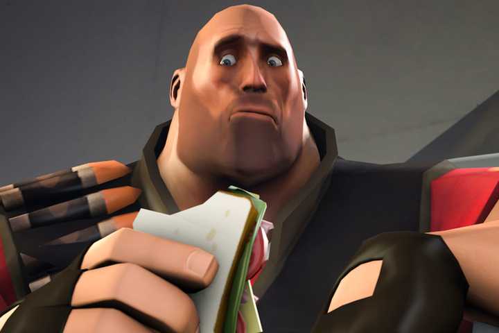 Heavy from Team Fortress 2 eyeing his sandwich suspiciously.
