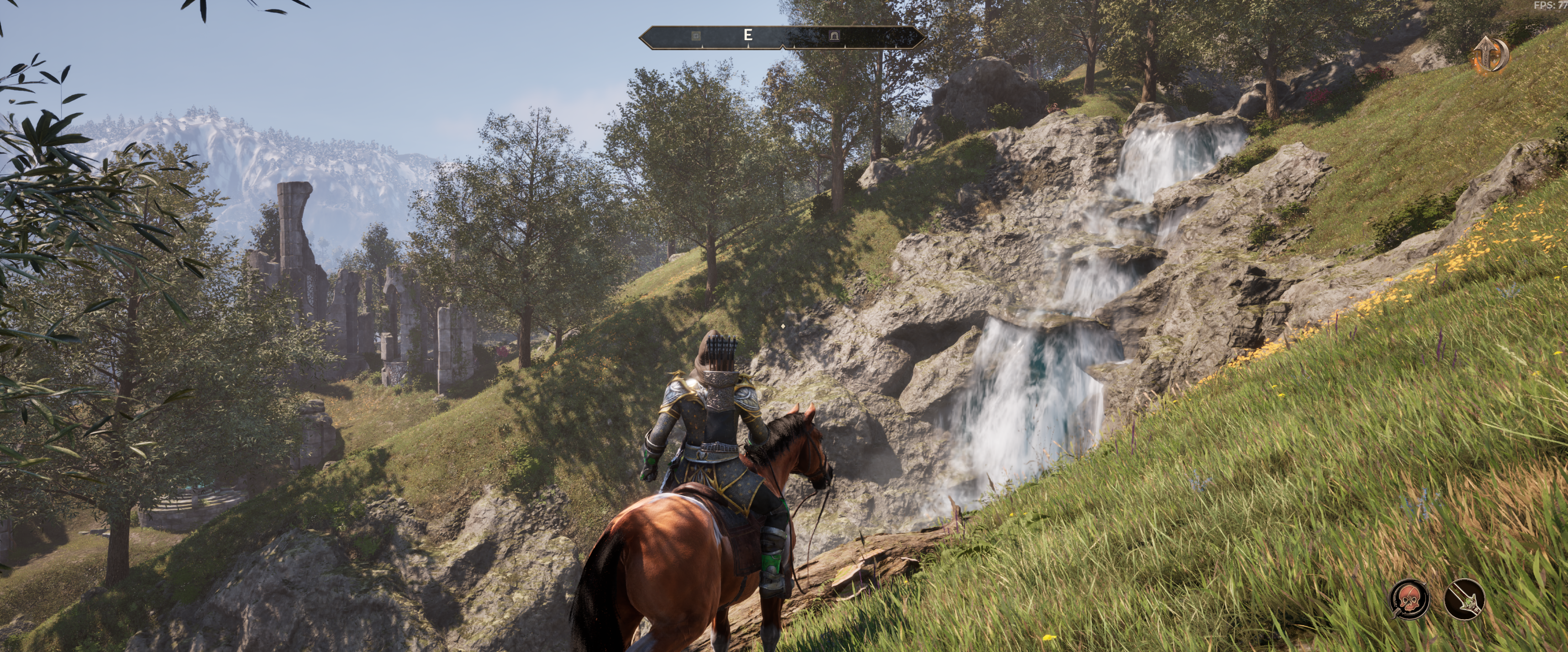 oblivion remastered on horse in forest looking at waterfall