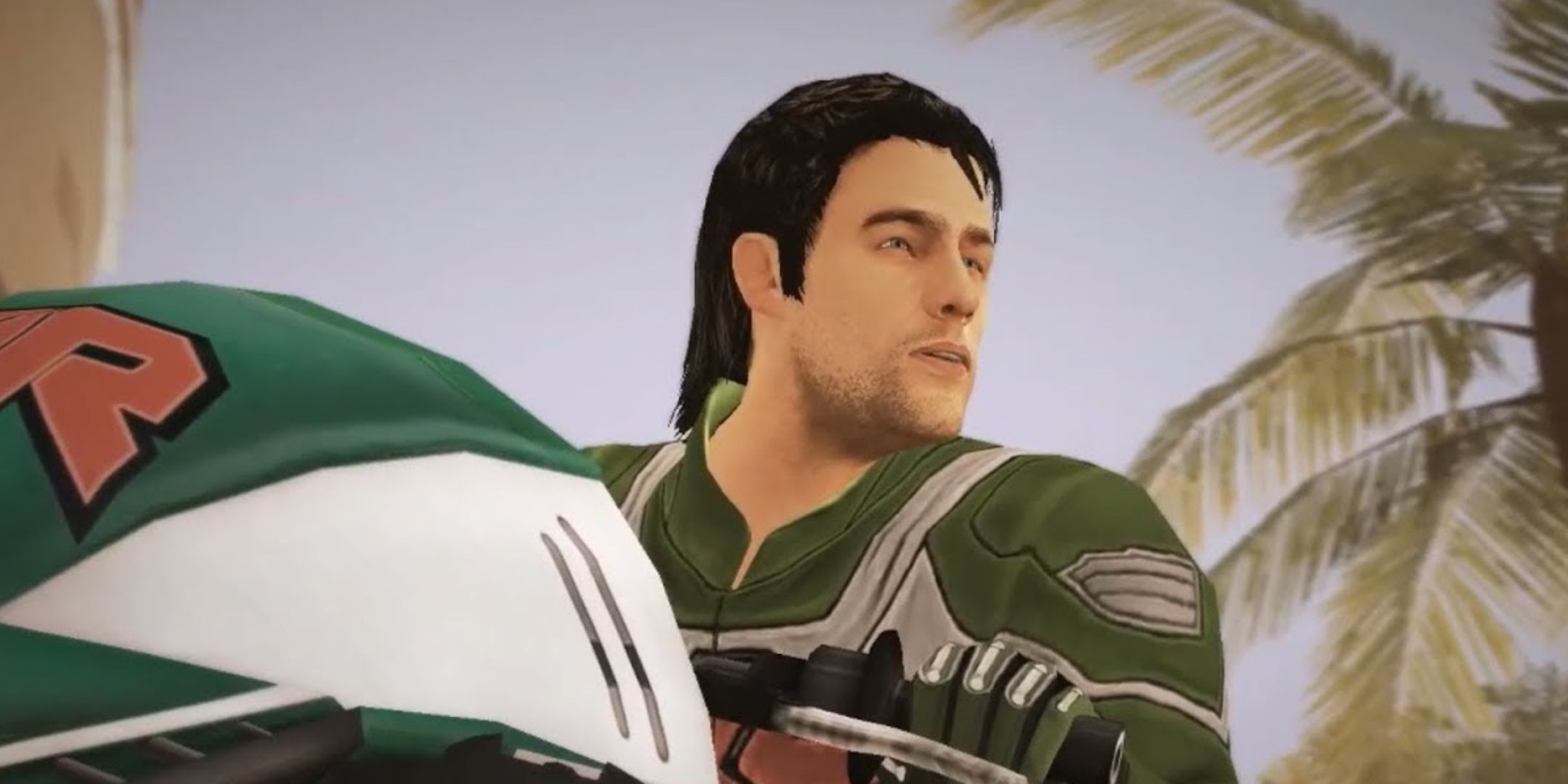 Leon on his bike looking to the right in Dead Rising 2.