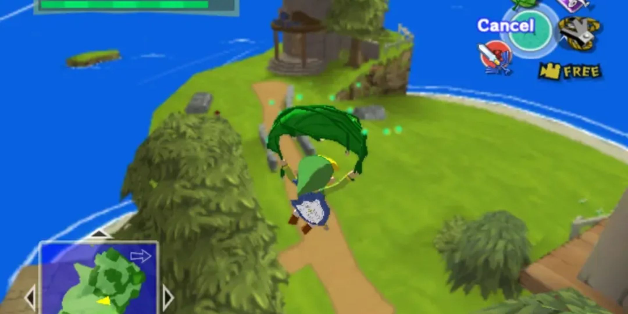 Link using the Deku Leaf to glide over an island in The Legend of Zelda: The Wind Waker.