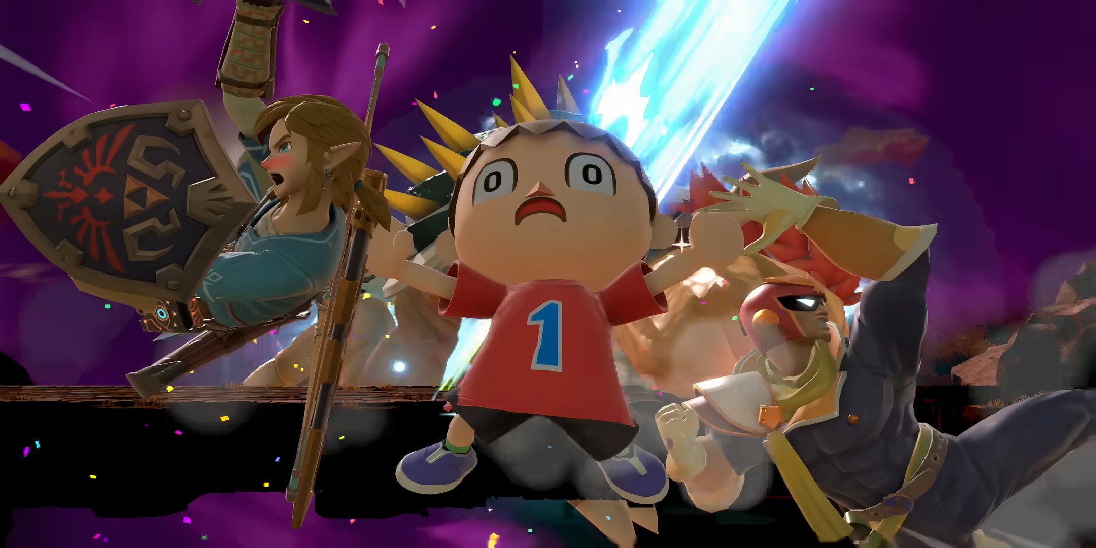 link, villager, and captain falcon being smashed against the screen in smash bros. ultimate.