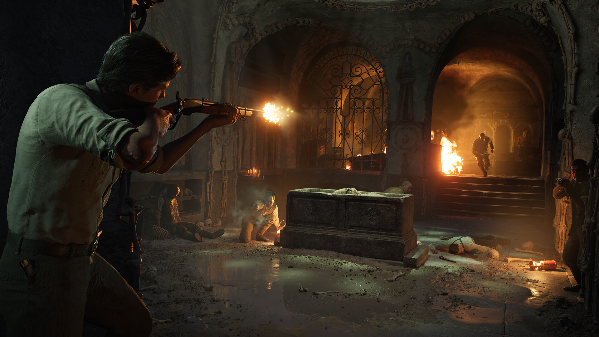 Enzo firing a pistol in Mafia: The Old Country.