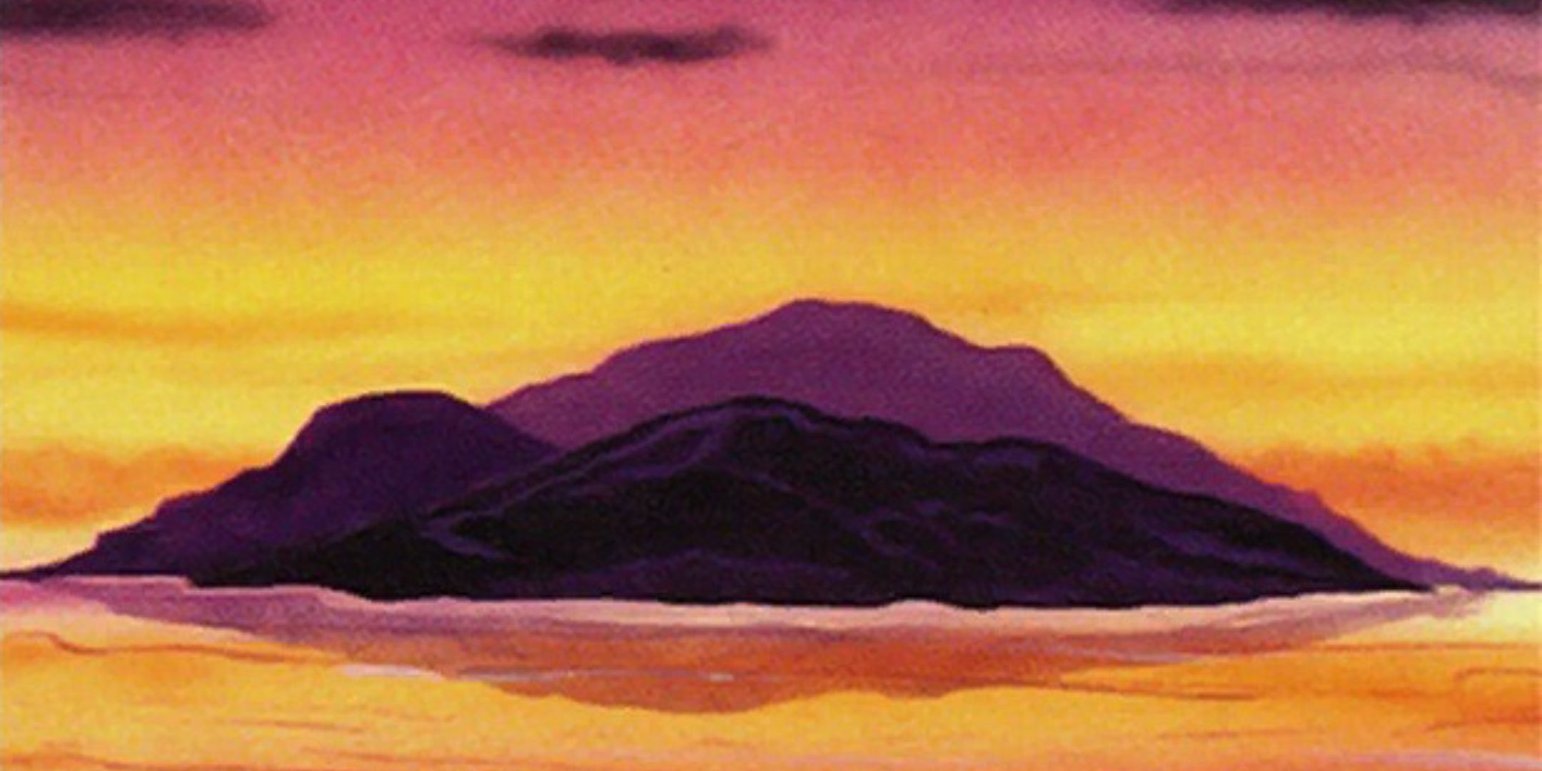 The original Magic: The Gathering Island art, featuring a sunset landscape by Mark Poole