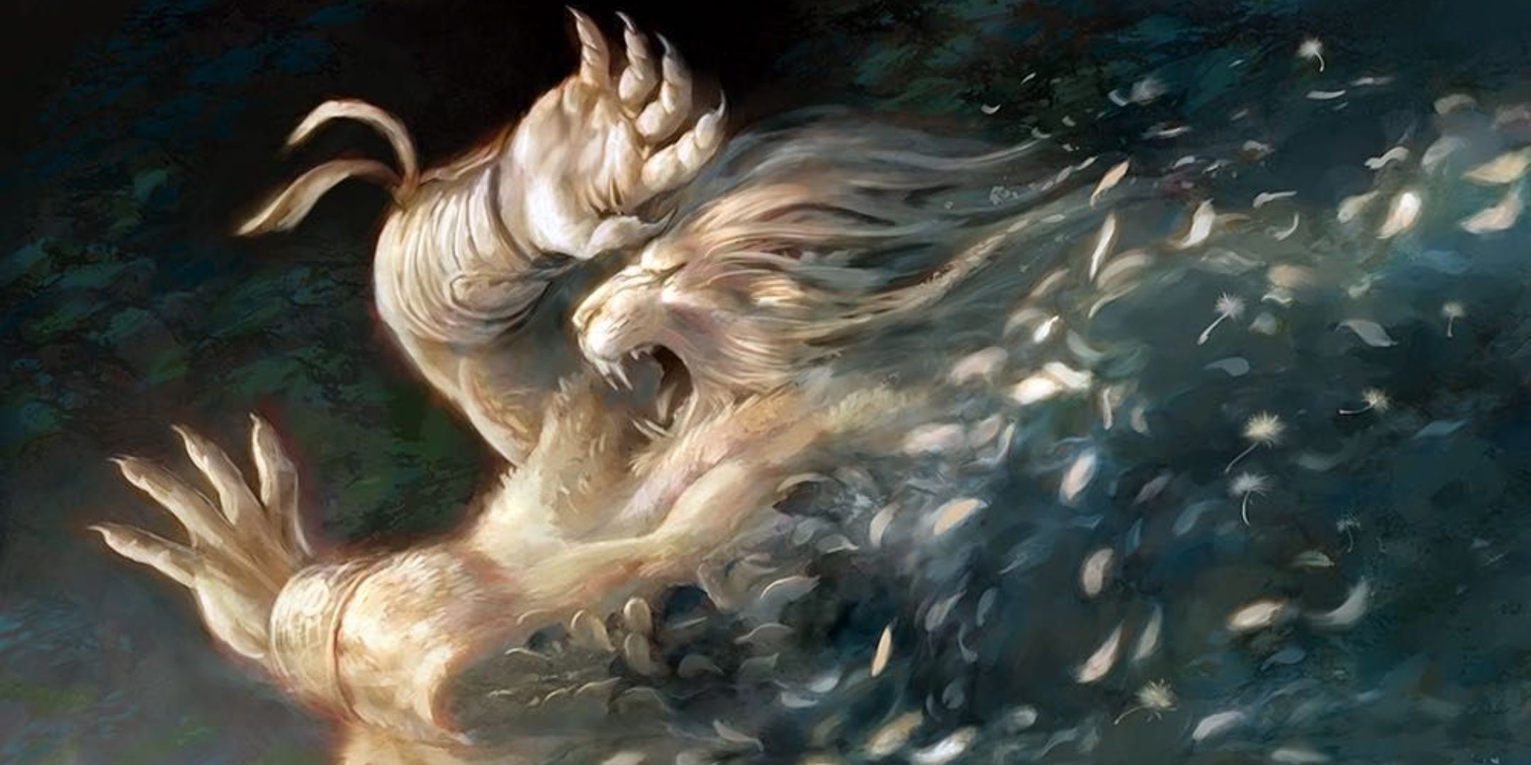 a leonin fades away into flower petals in Todd Lockwood's original illustration for Path To Exile in Magic: The Gathering.