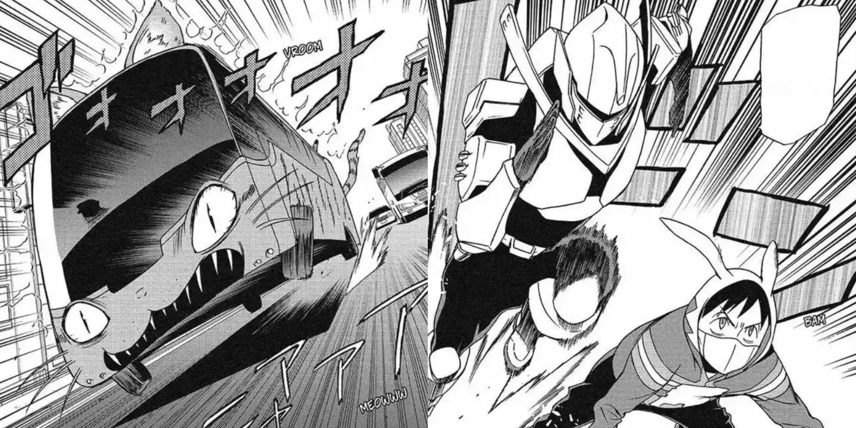 My Hero Academia: Vigilantes' Monster Cat (left); Ingenium and The Crawler chasing the bus (right).