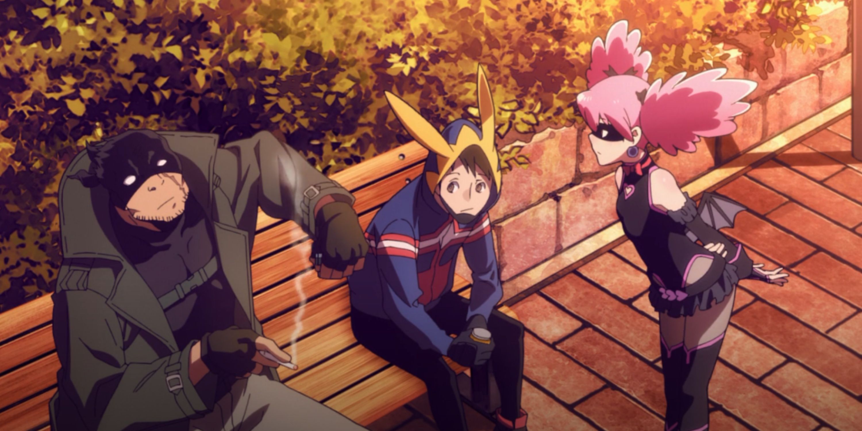Knuckleduster, The Crawler, and Pop Step having a conversation on a park bench in My Hero Academia: Vigilantes.