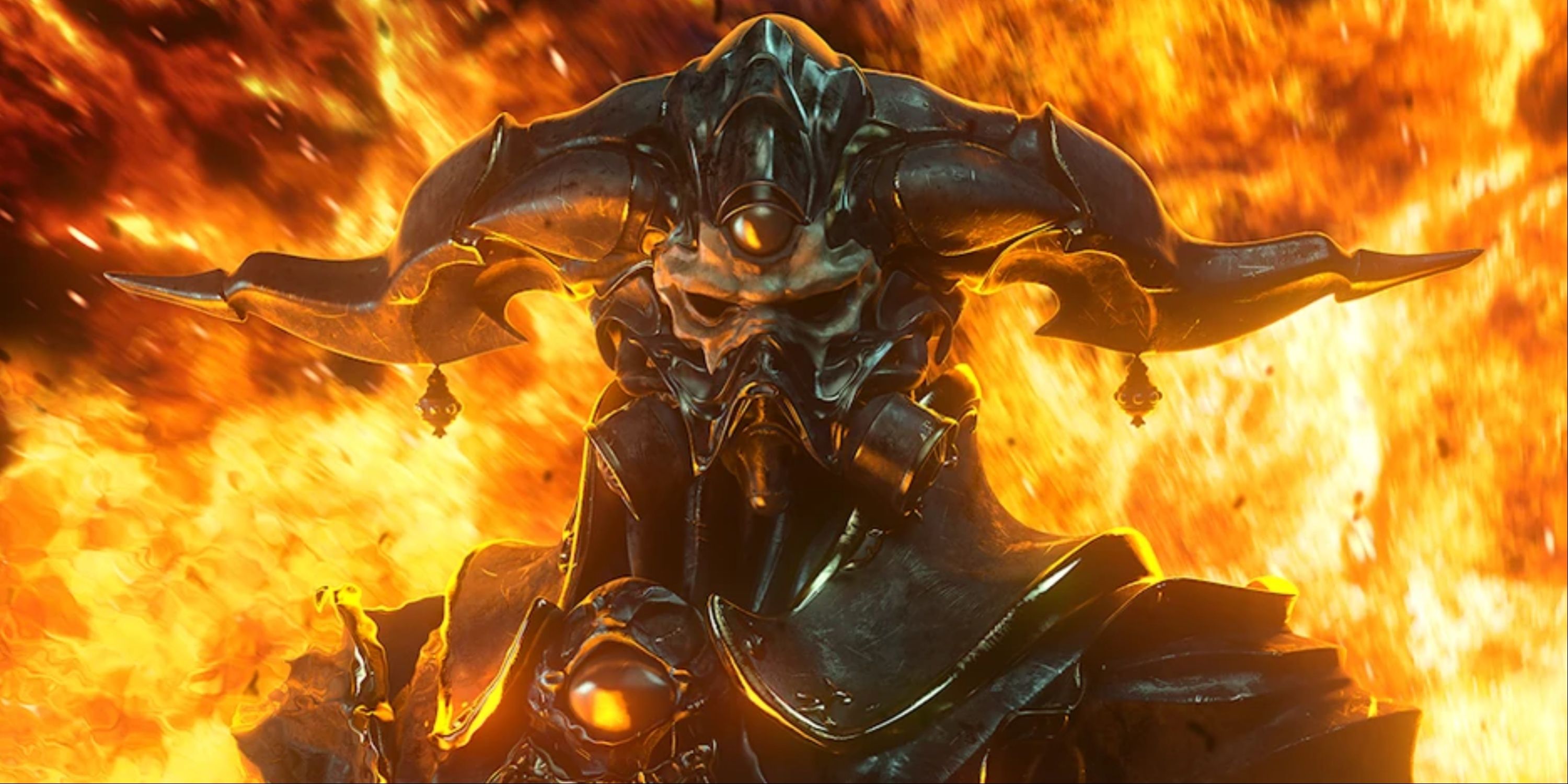 Gaius van Baelsar in his Imperial armour with a backdrop of flames behind him.