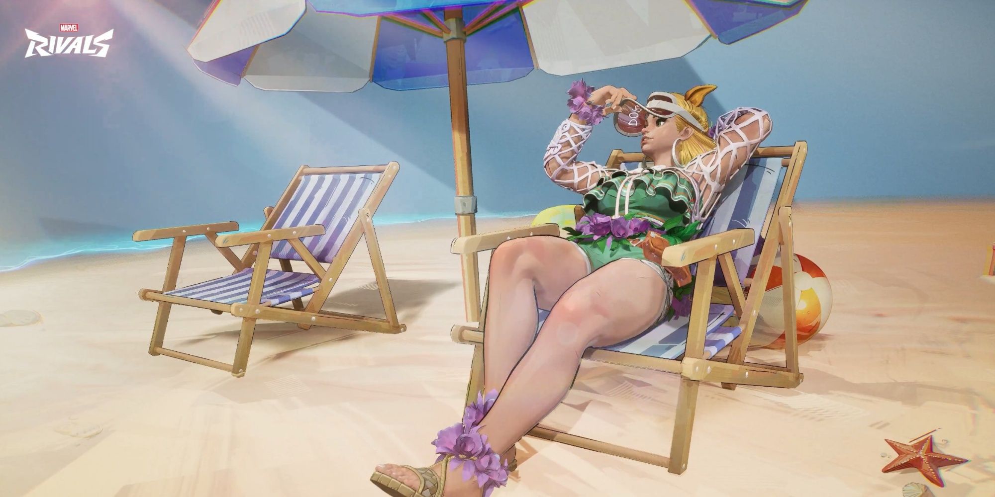 Squirrel Girl from Marvel Rivals in her Sunshine Squirrel costume lounging on a beach chair.