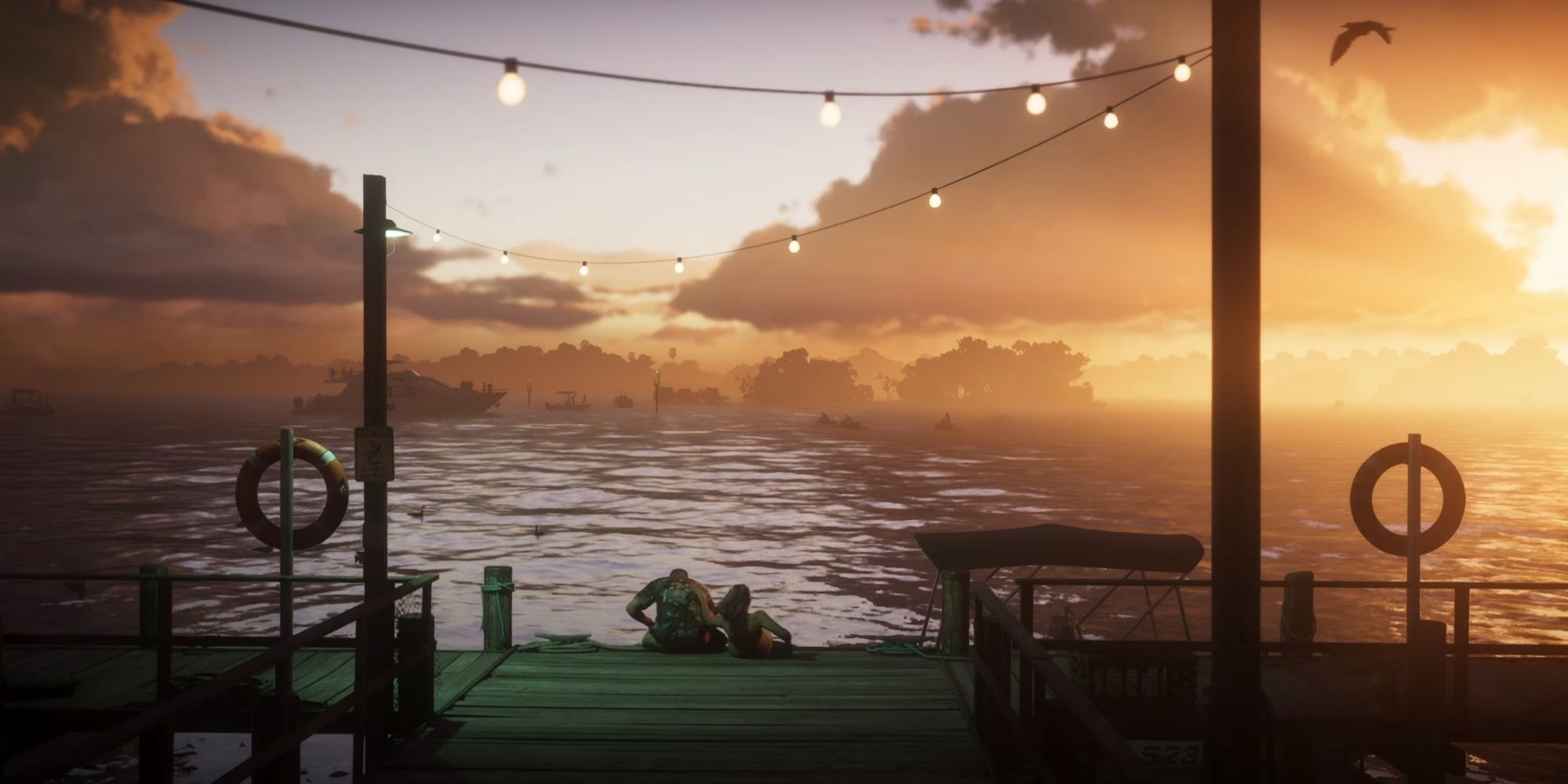 Jason and Lucia sitting on a pier at sunset in GTA 6.