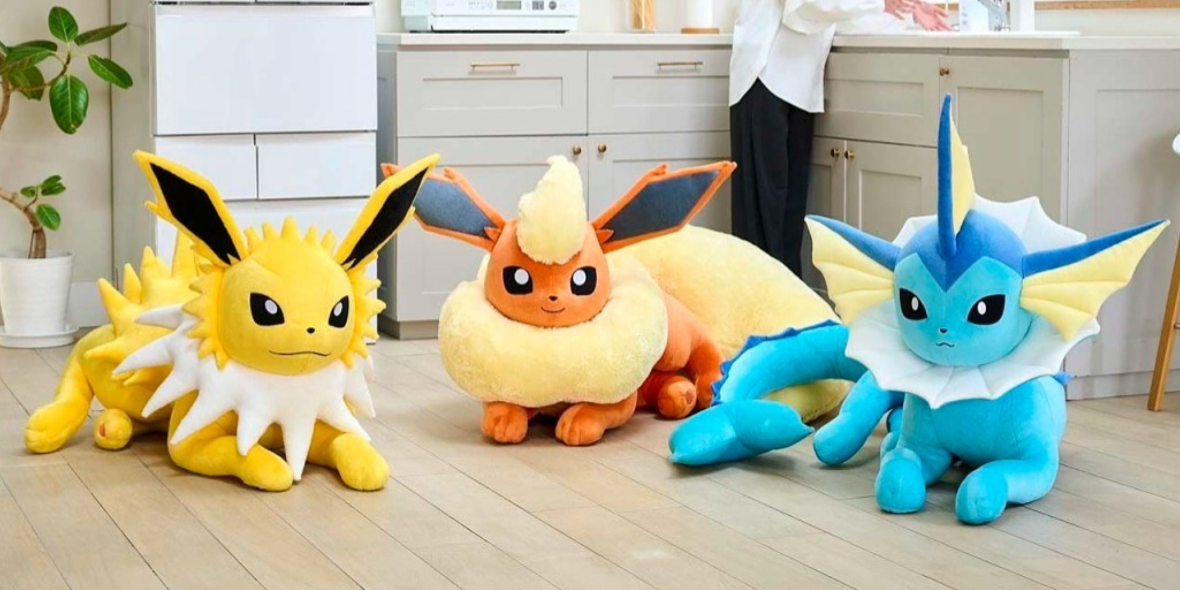 jolteon flareon and vaporeon life size pokemon plushes.