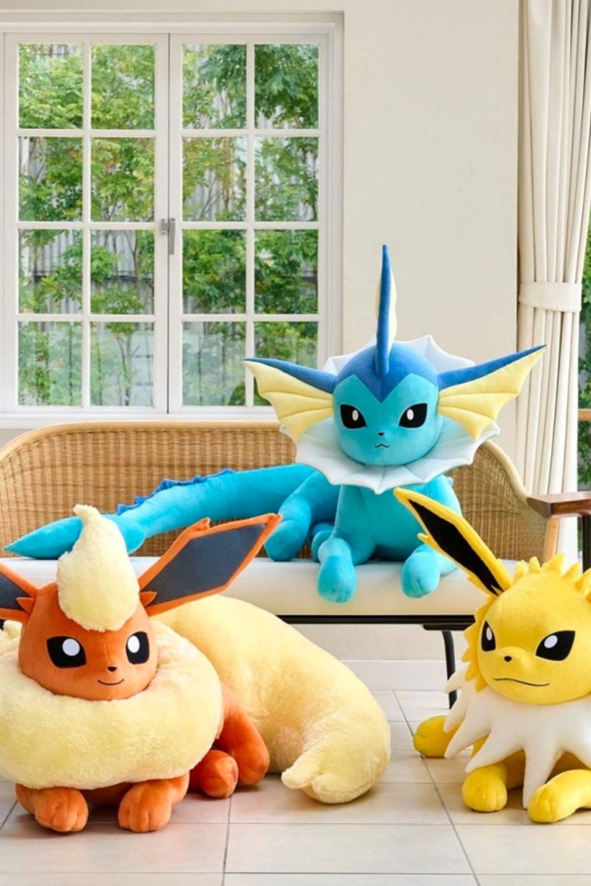 life size vaporeon flareon and jolteon plushes.