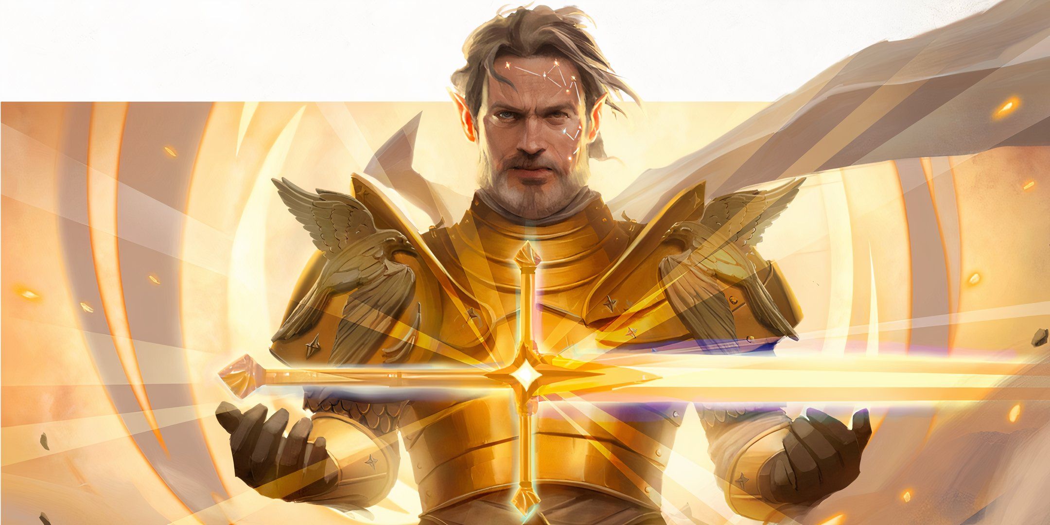 A Winged Sentinel Seraph has a glowing golden sword floating above his open hands from the TTRPG Daggerheart.