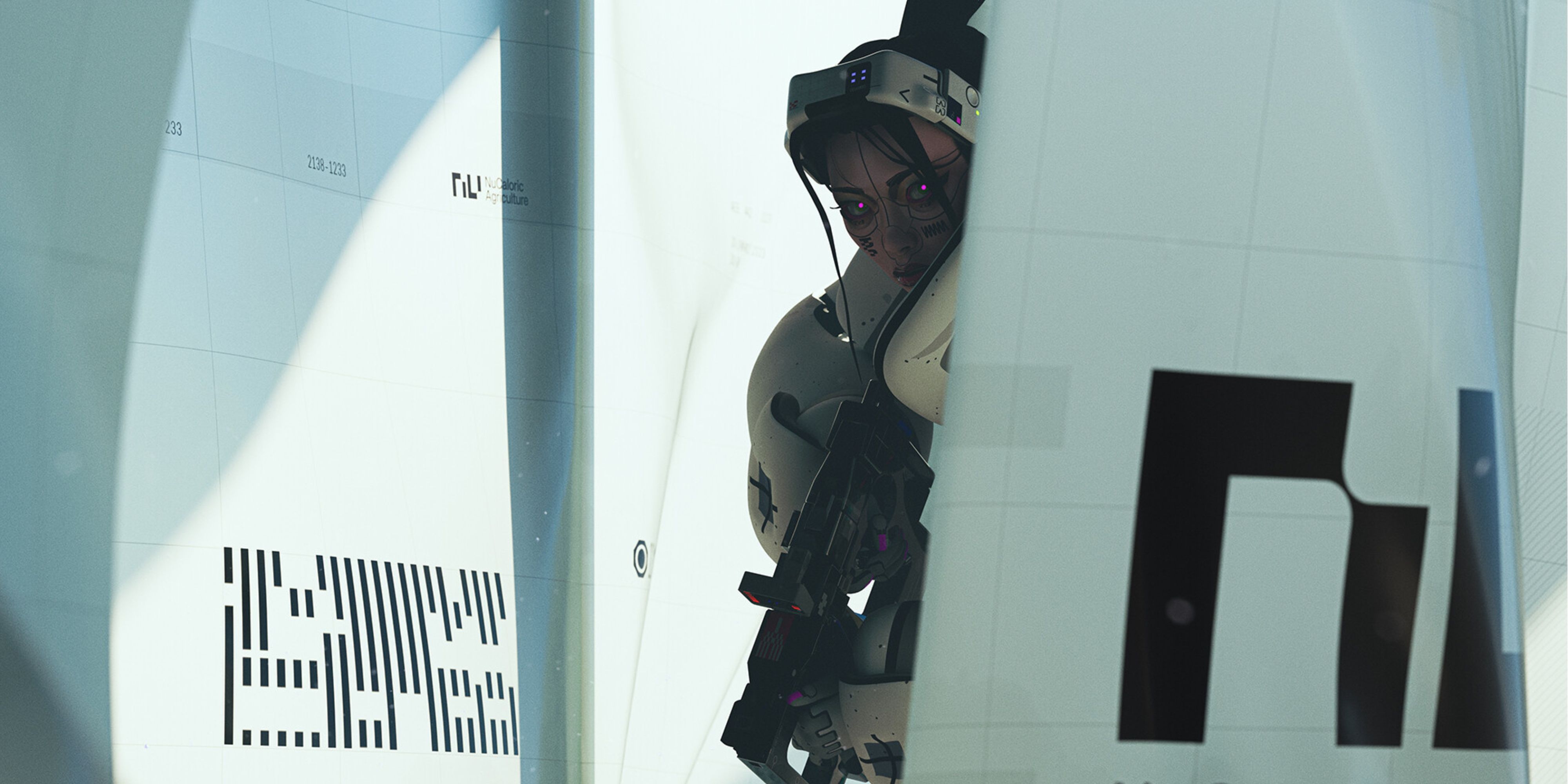 marathon player holding a gun and hiding around a corner.