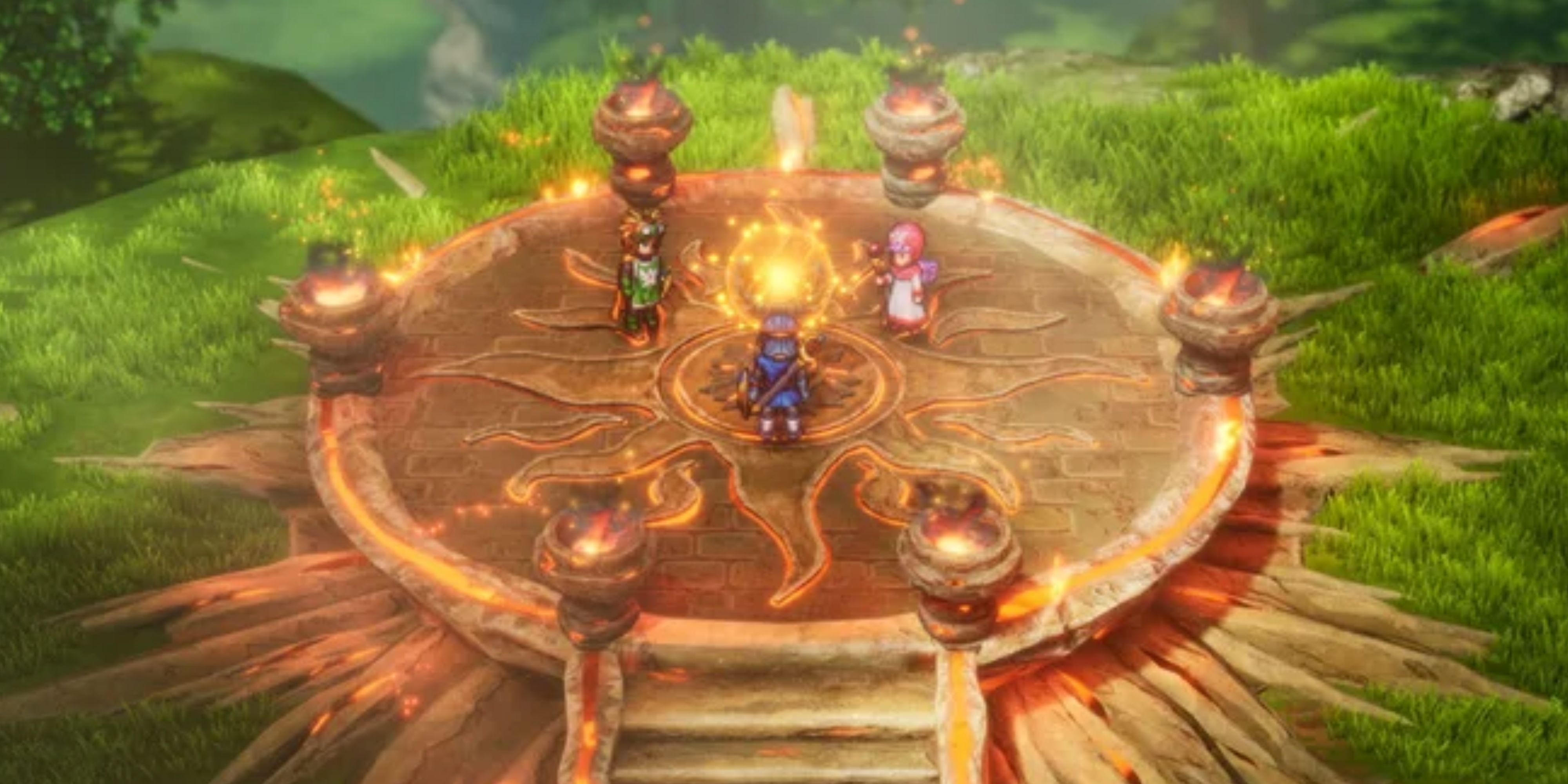 three characters standing around in dragon quest 1 and 2 hd-2d remake.
