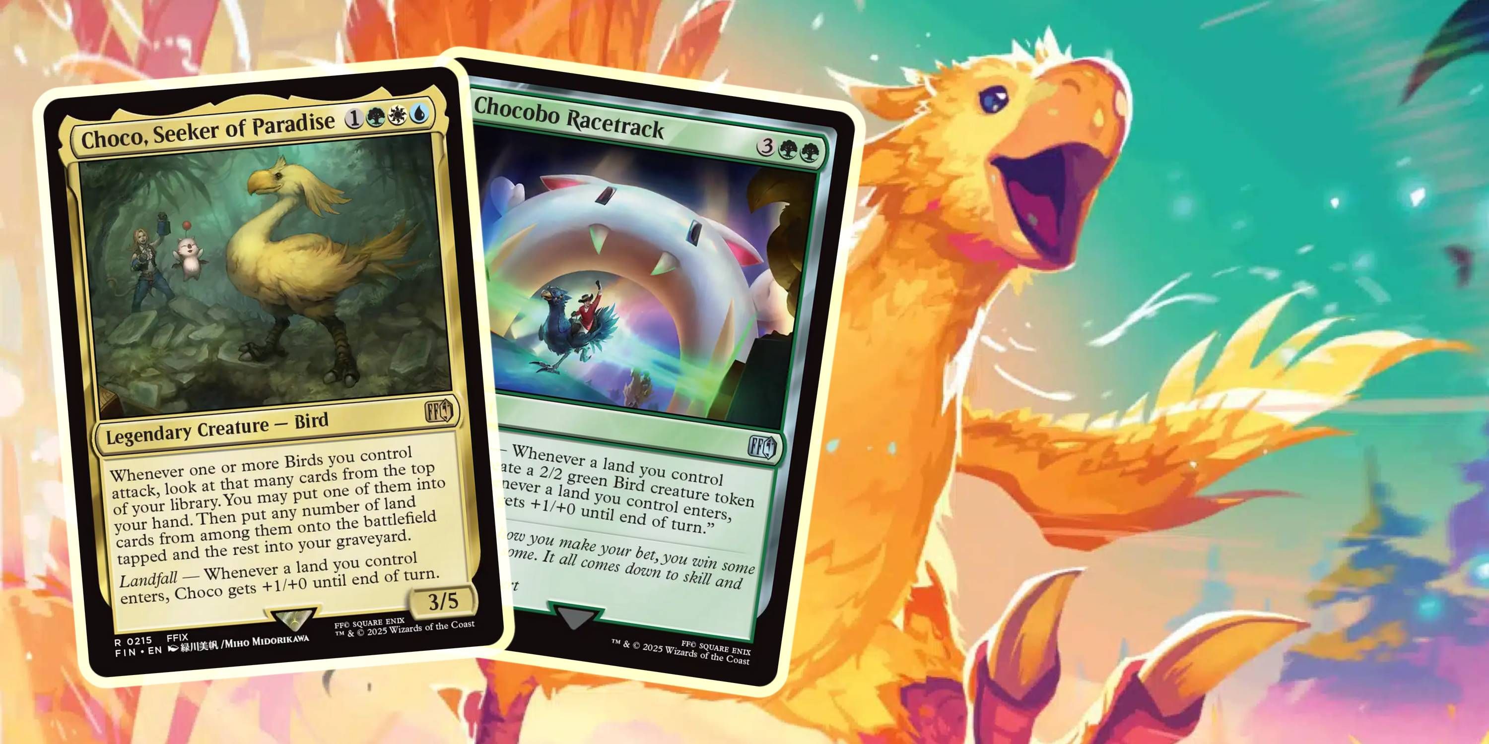 MTG Choco and Chocobo Racetracke over the art for Traveling Chocobo.