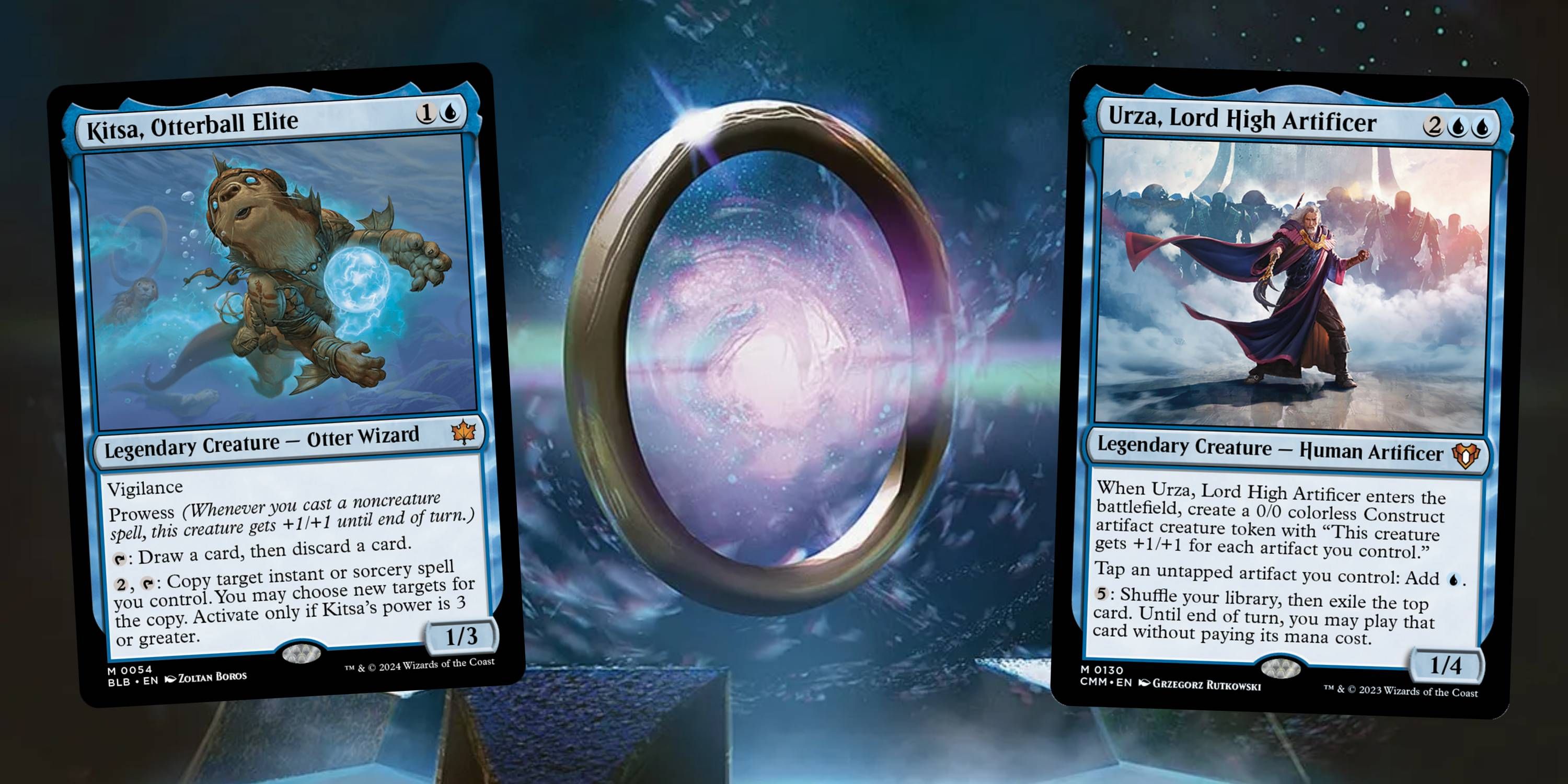 MTG Sol Ring art with Kitsa and Urza in front of it.