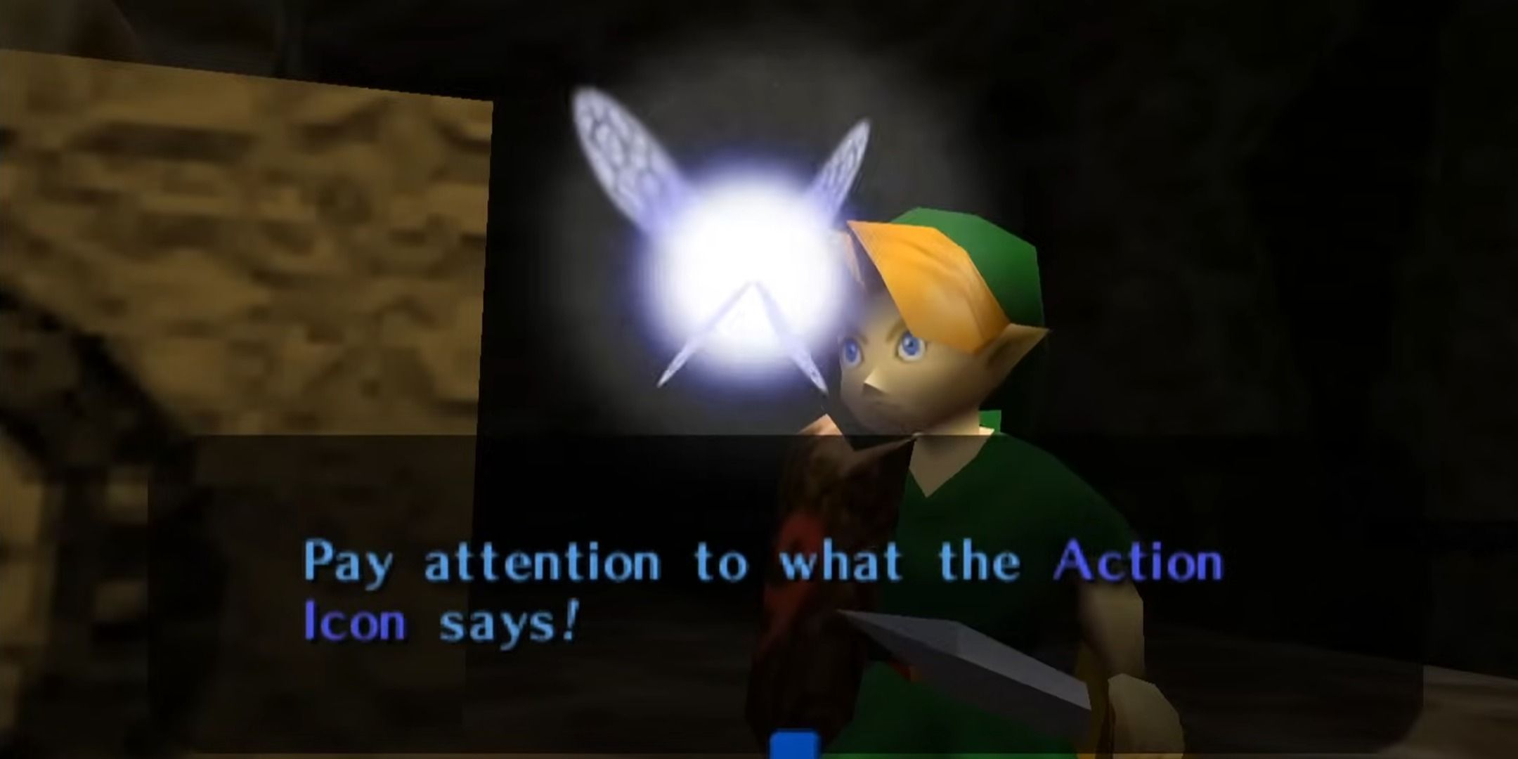 Navi's talking to Link in The Legend of Zelda: Ocarina of Time.