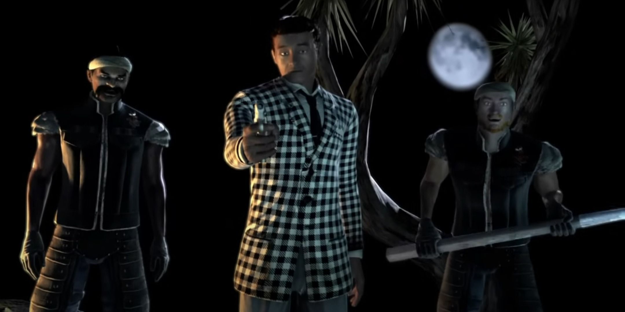 A gun pointed at the screen by a man in a checkered suit with other men nearby in Fallout: New Vegas.