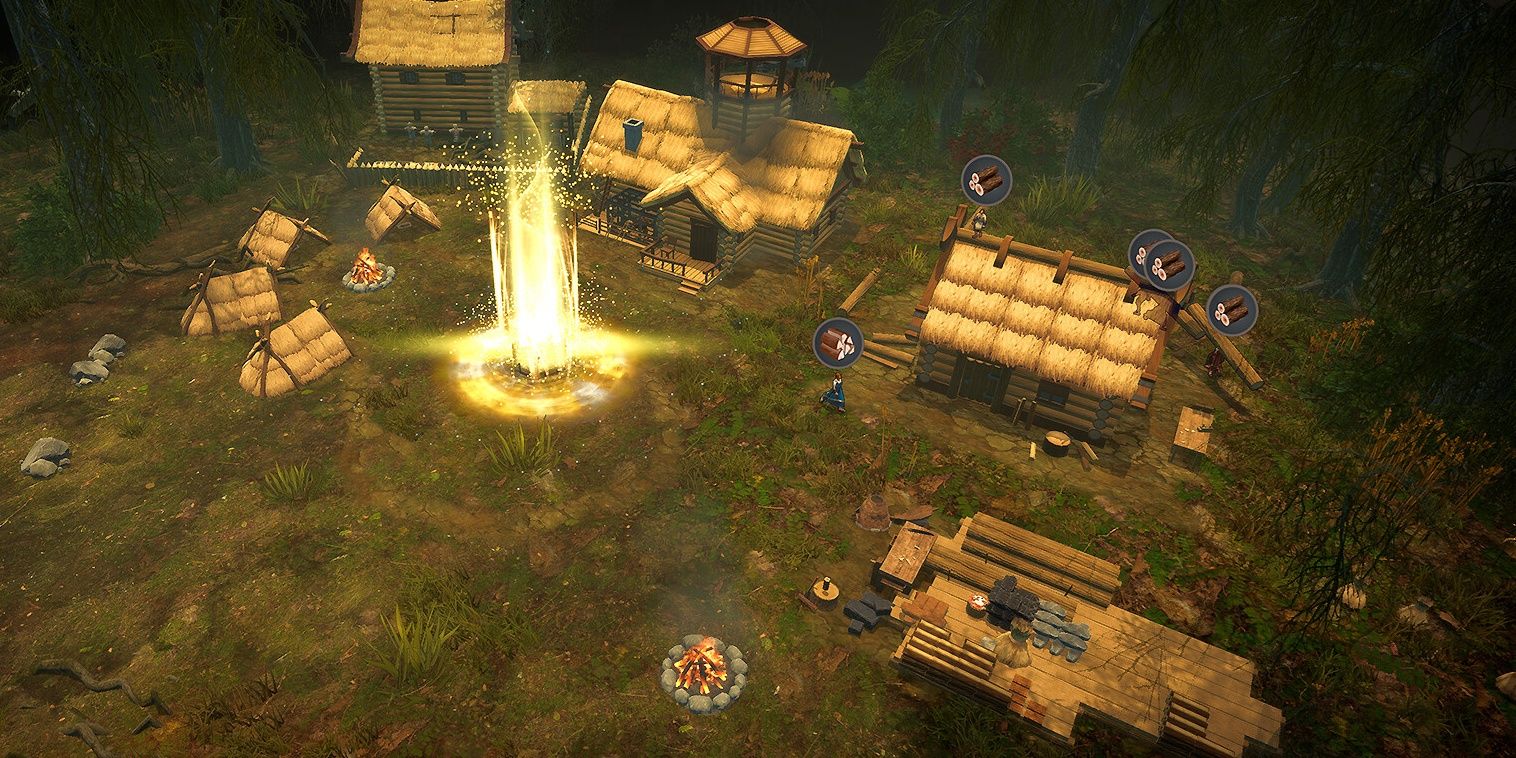 Night Is Coming: Various foundations built for a growing village in the woods.