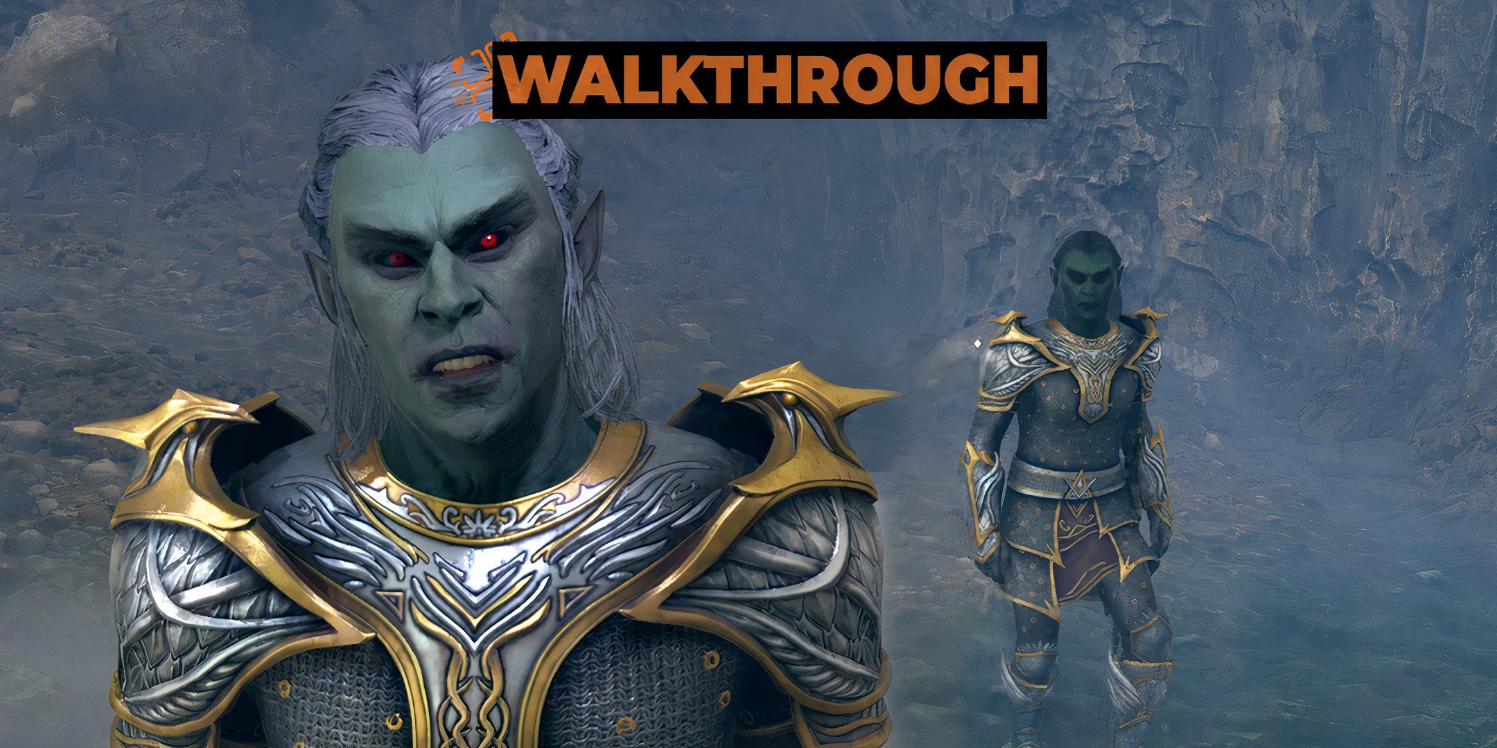 Collage of a dark elf with white hair in Mithril armor inside a cave.