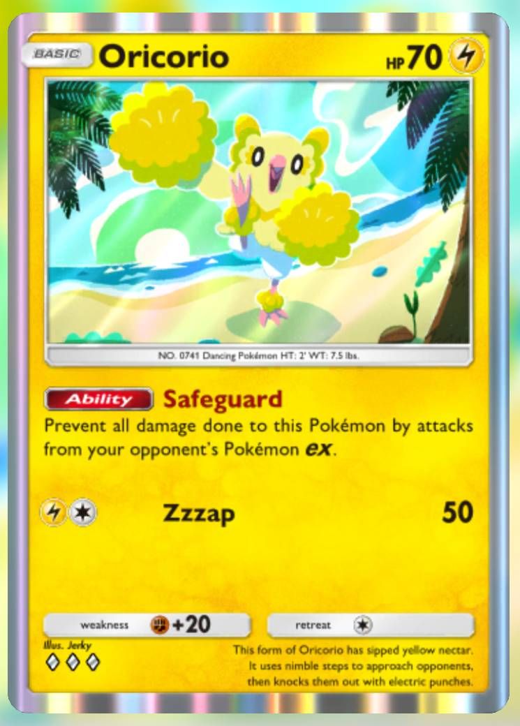 The Lightning-type Oricorio, from Celestial Guardians in Pokemon TCG Pocket.