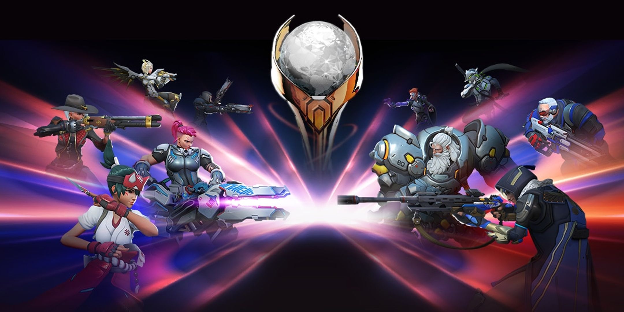 Overwatch characters pit against each other over a black background on either side of a Stadium trophy.