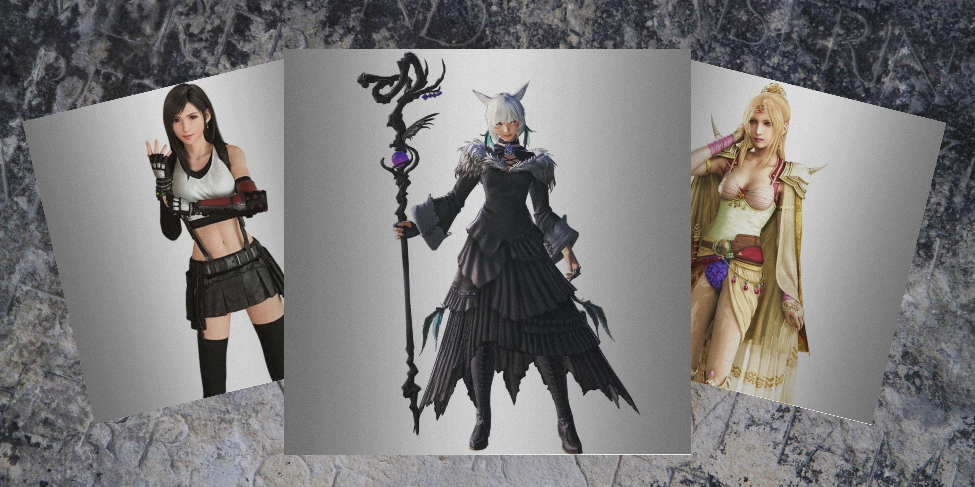 Pictures of Tifa, Y'shtola, and Rosa from Final Fantasy are overlaid on top of a tombstone.