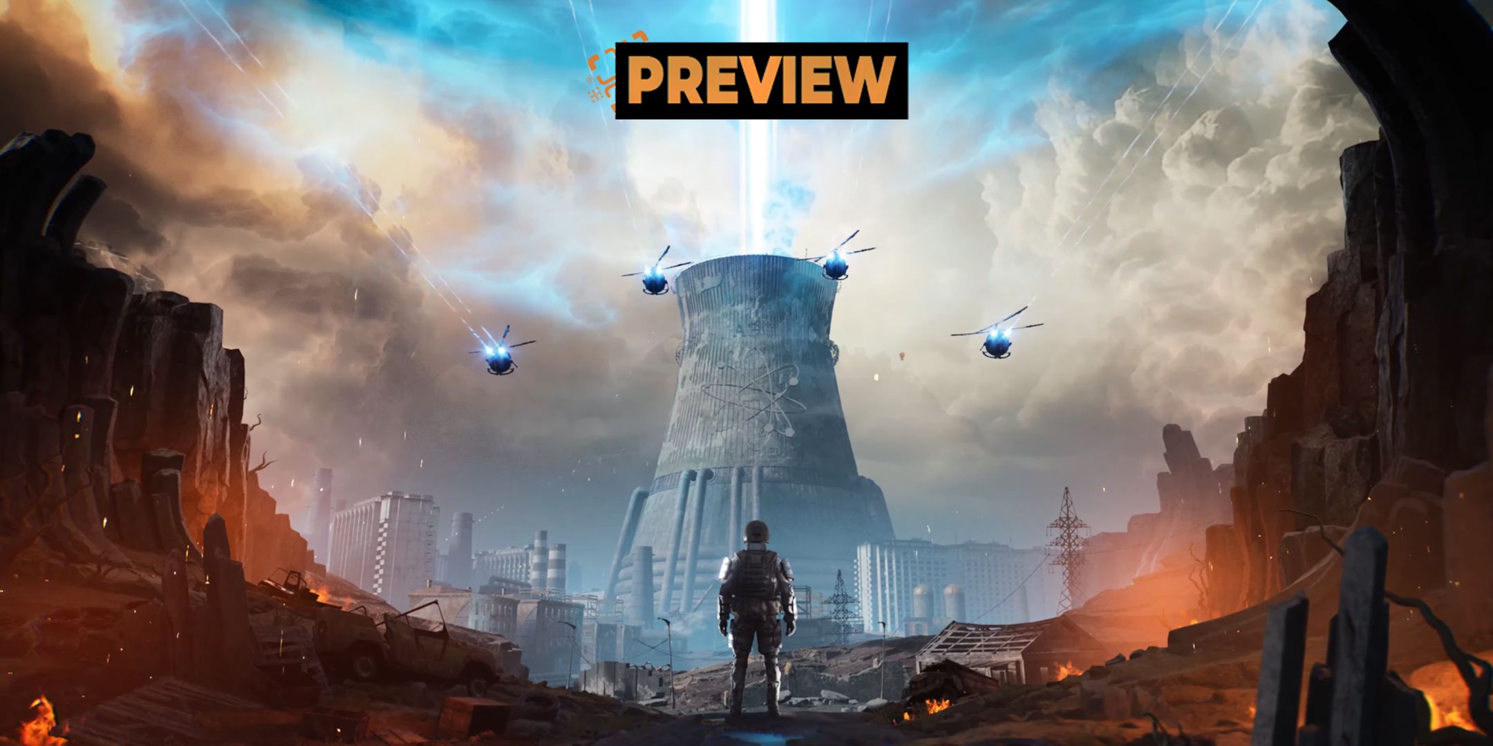 Pioner key art showing a soldier standing in rubble, looking at a nuclear reactor with a blue beam shooting out. Text overlaid on top reads 