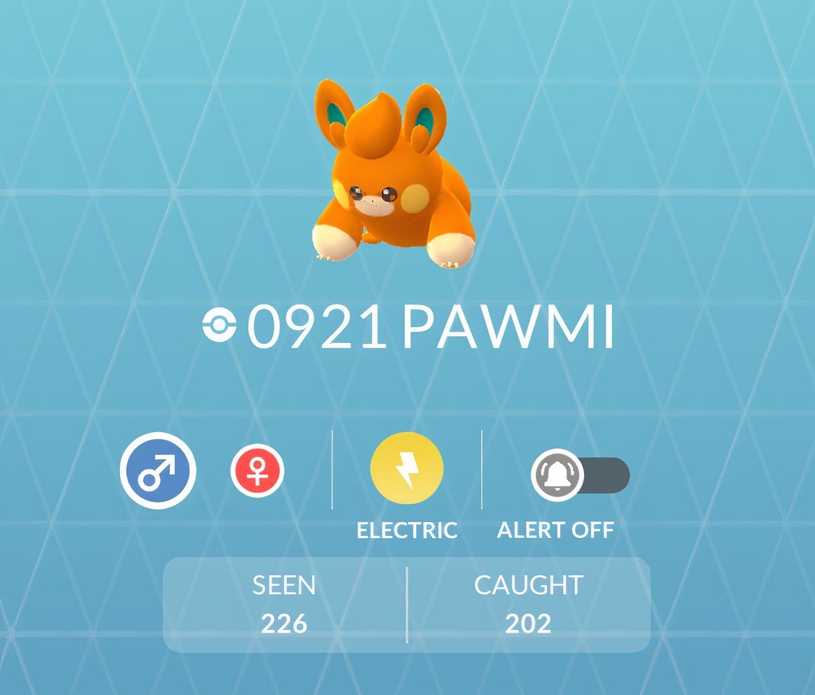Pawmi's PokeDex screen from Pokemon Go.