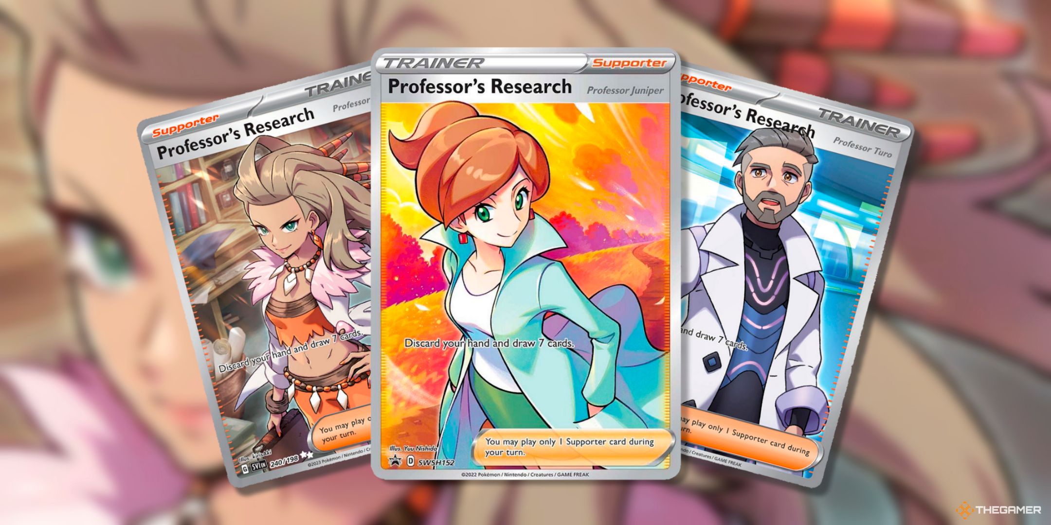 Professor Sada (Ultra Rare, 240), Professor Juniper (Promo, 152), And Professor Turo (Ultra Rare, 241) Professor's Research Cards From Various Eras Of The Pokemon TCG.-1