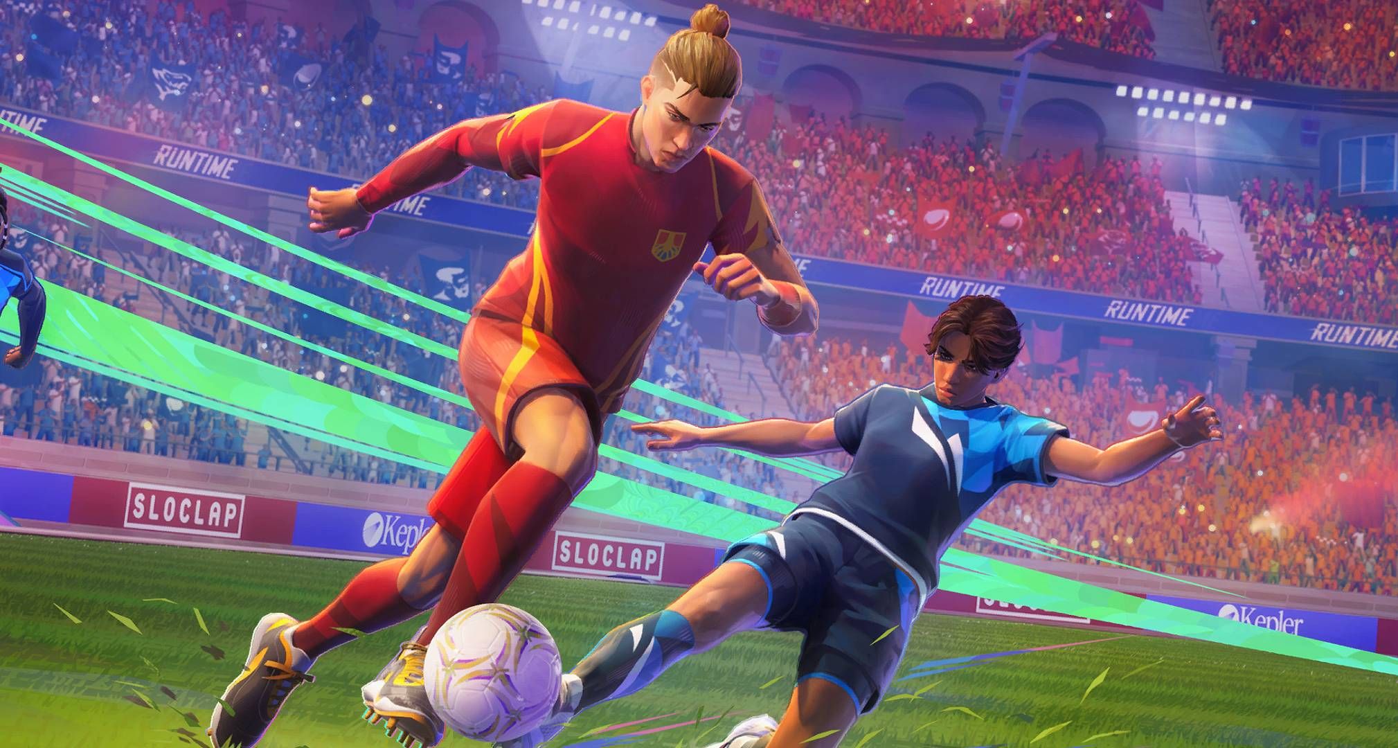 Rematch, player in red dribbling past a player in blue in a busy stadium
