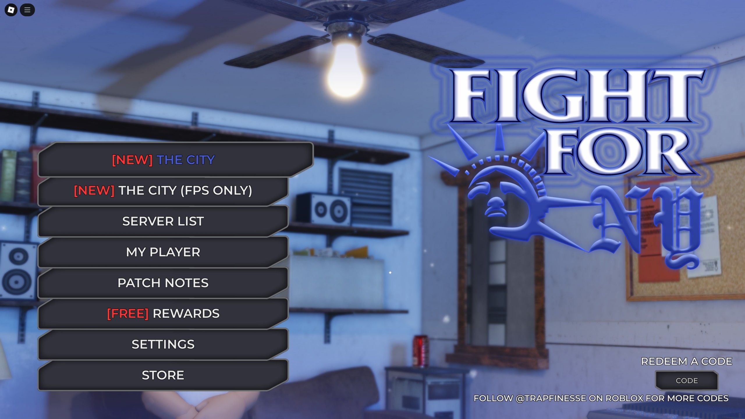 the main menu in Fight for NY on Roblox