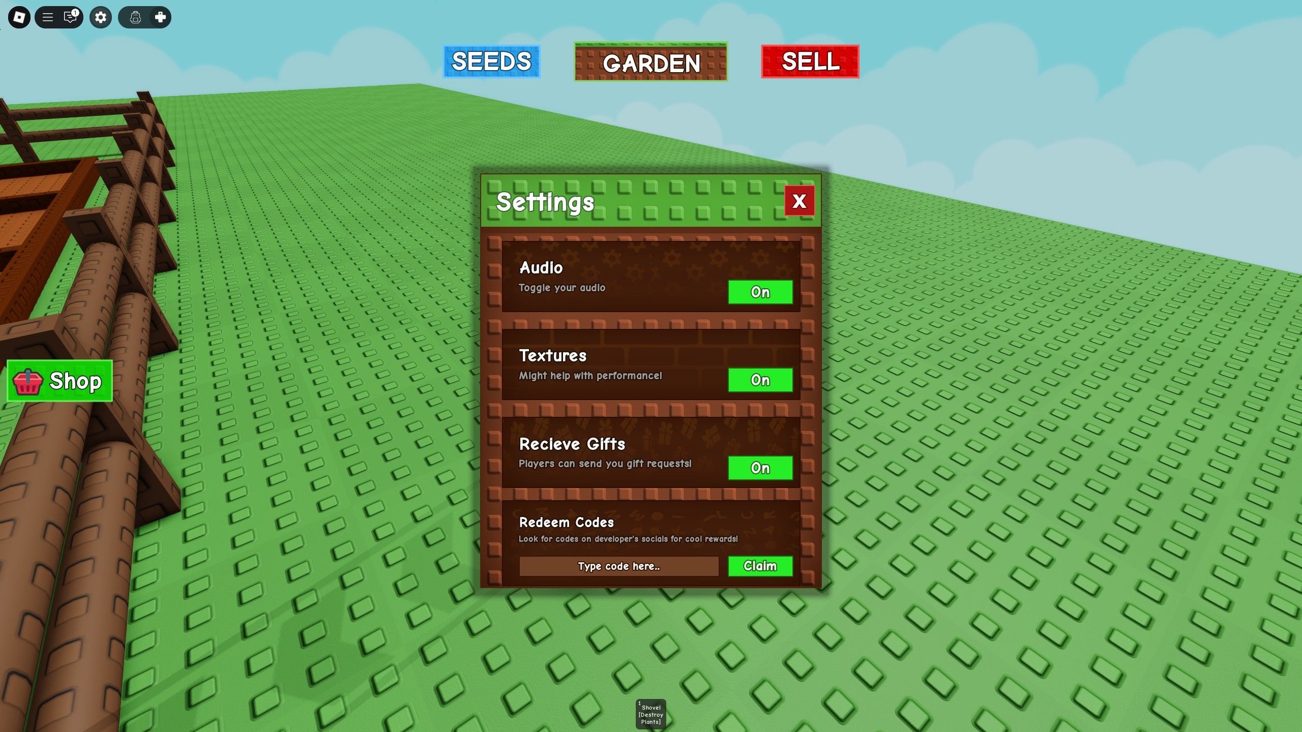 settings in Grow a Garden on Roblox