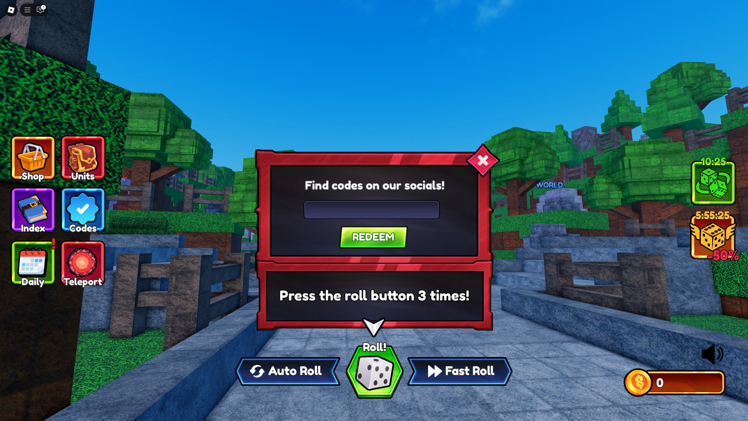 the codes box in Anime Trainer RNG on Roblox 