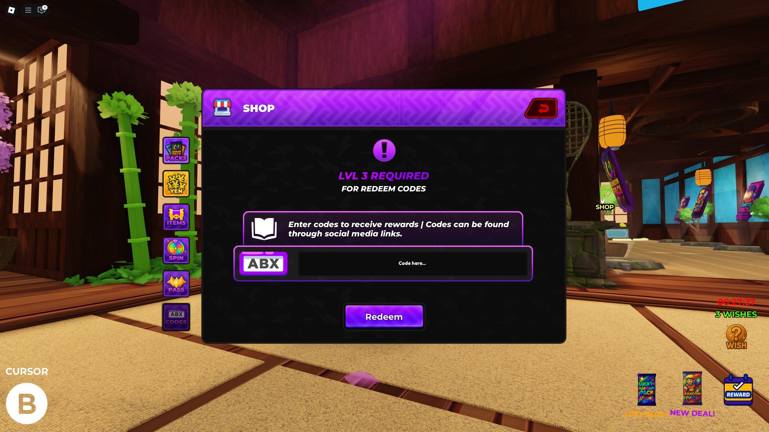 the codes box in Tenisu Titans on Roblox