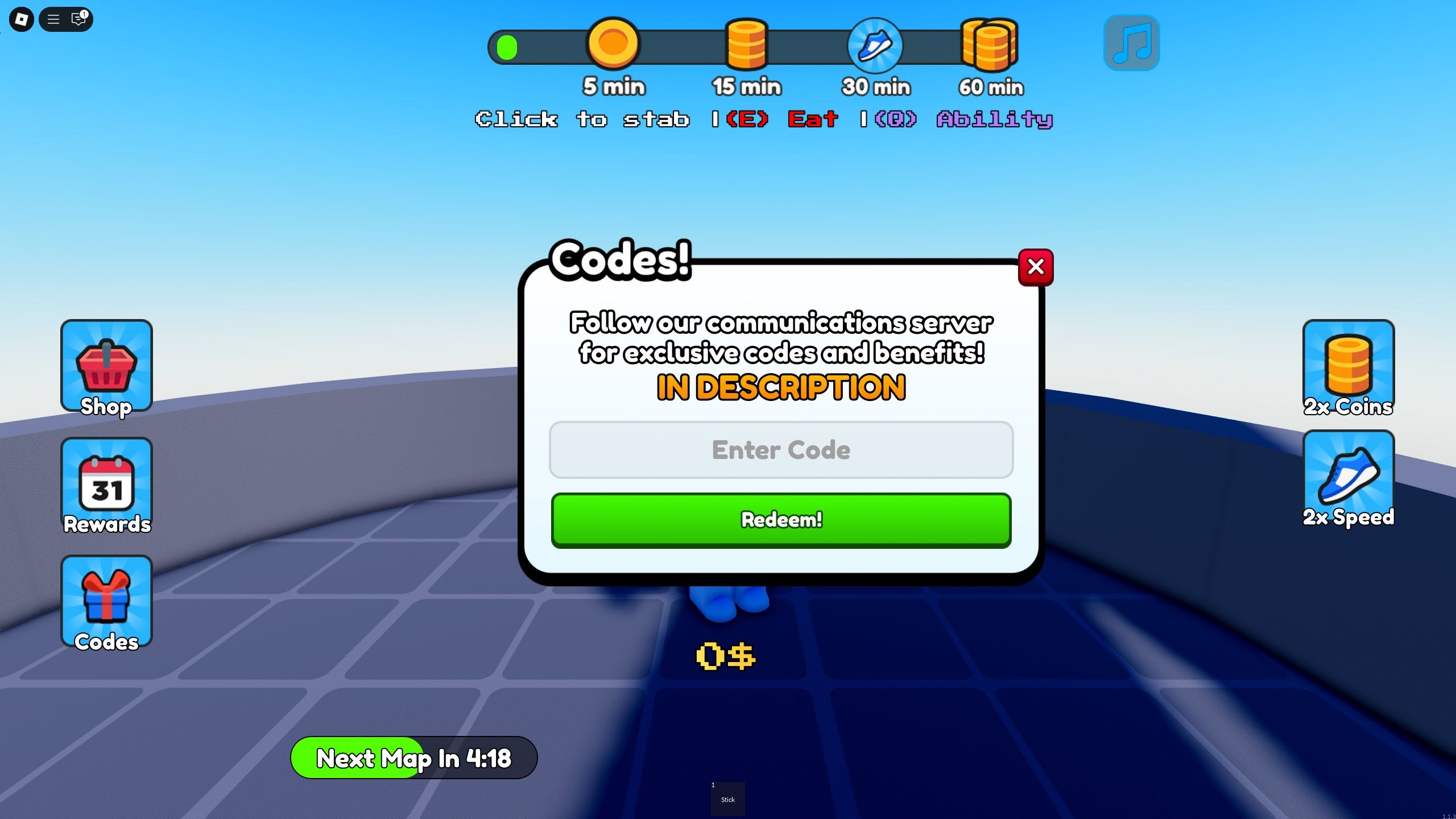 the codes box in Human Skewers on Roblox
