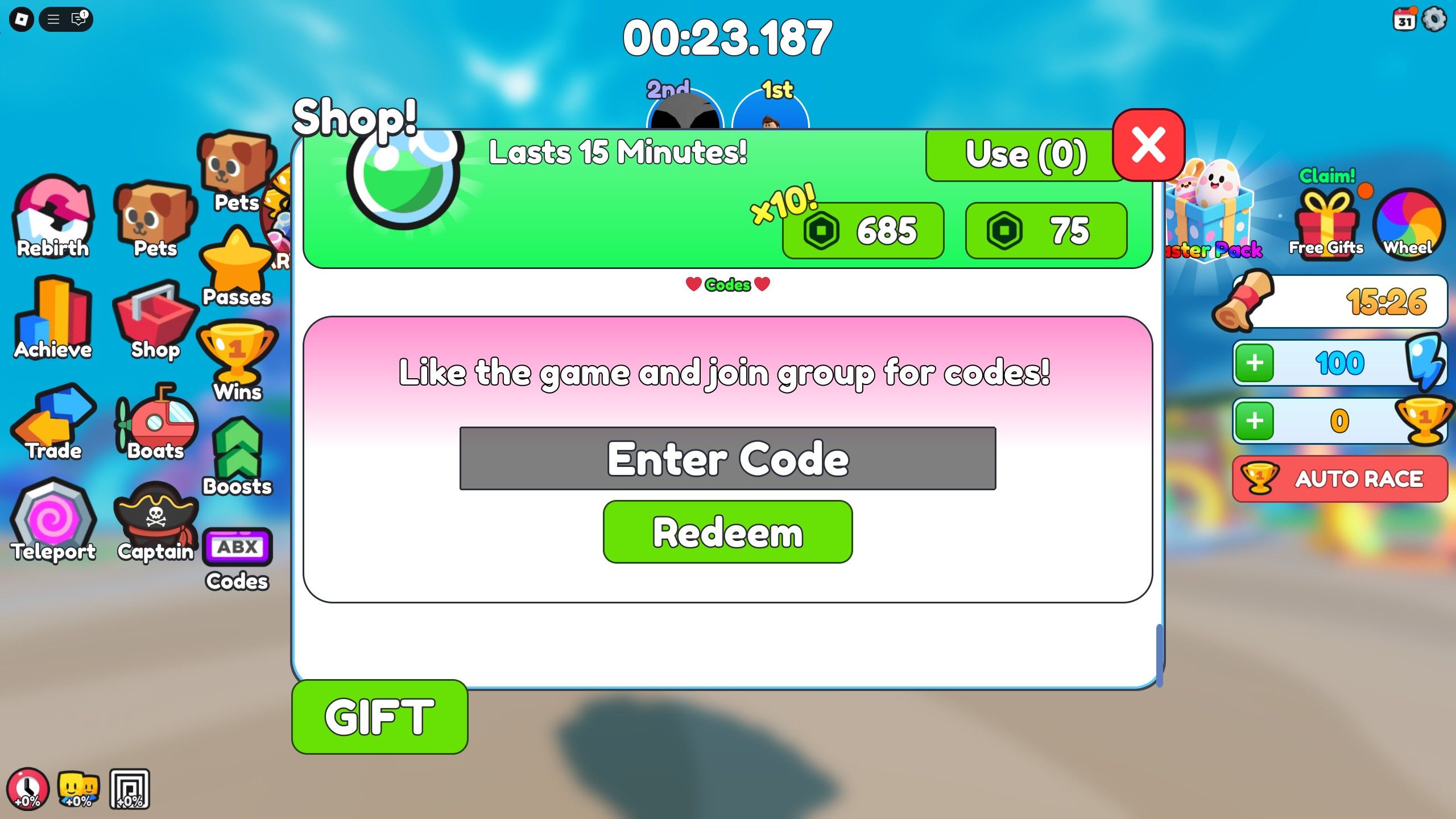 the codes box in Dive Training on Roblox