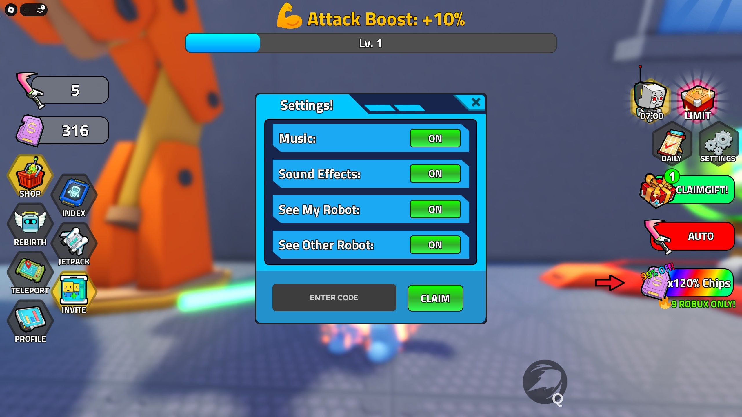 the codes box in Merge Robot Army on Roblox