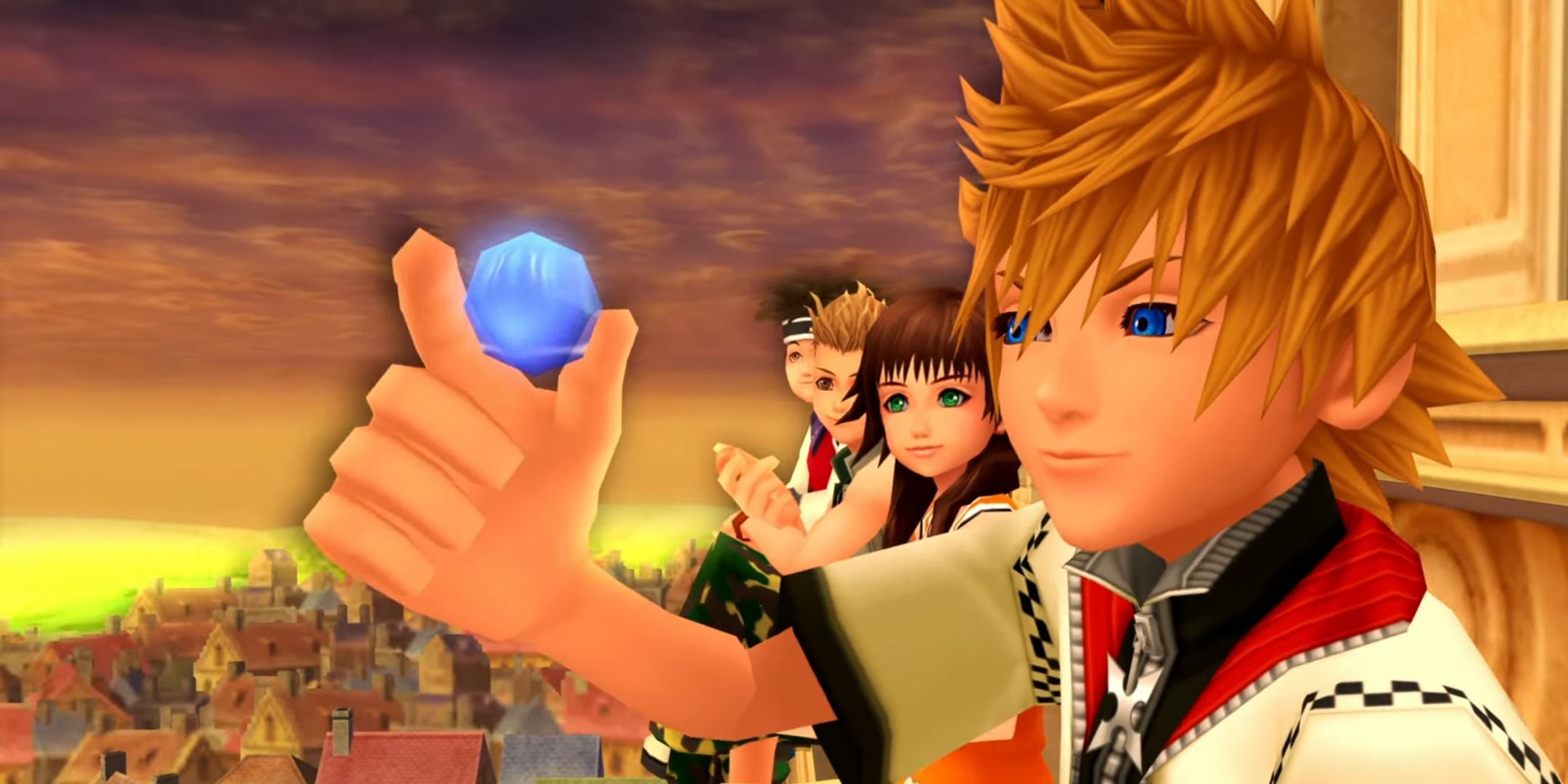 Roxas and the gang on the clock tower in Kingdom Hearts 2 while Roxas looks at a blue orb.