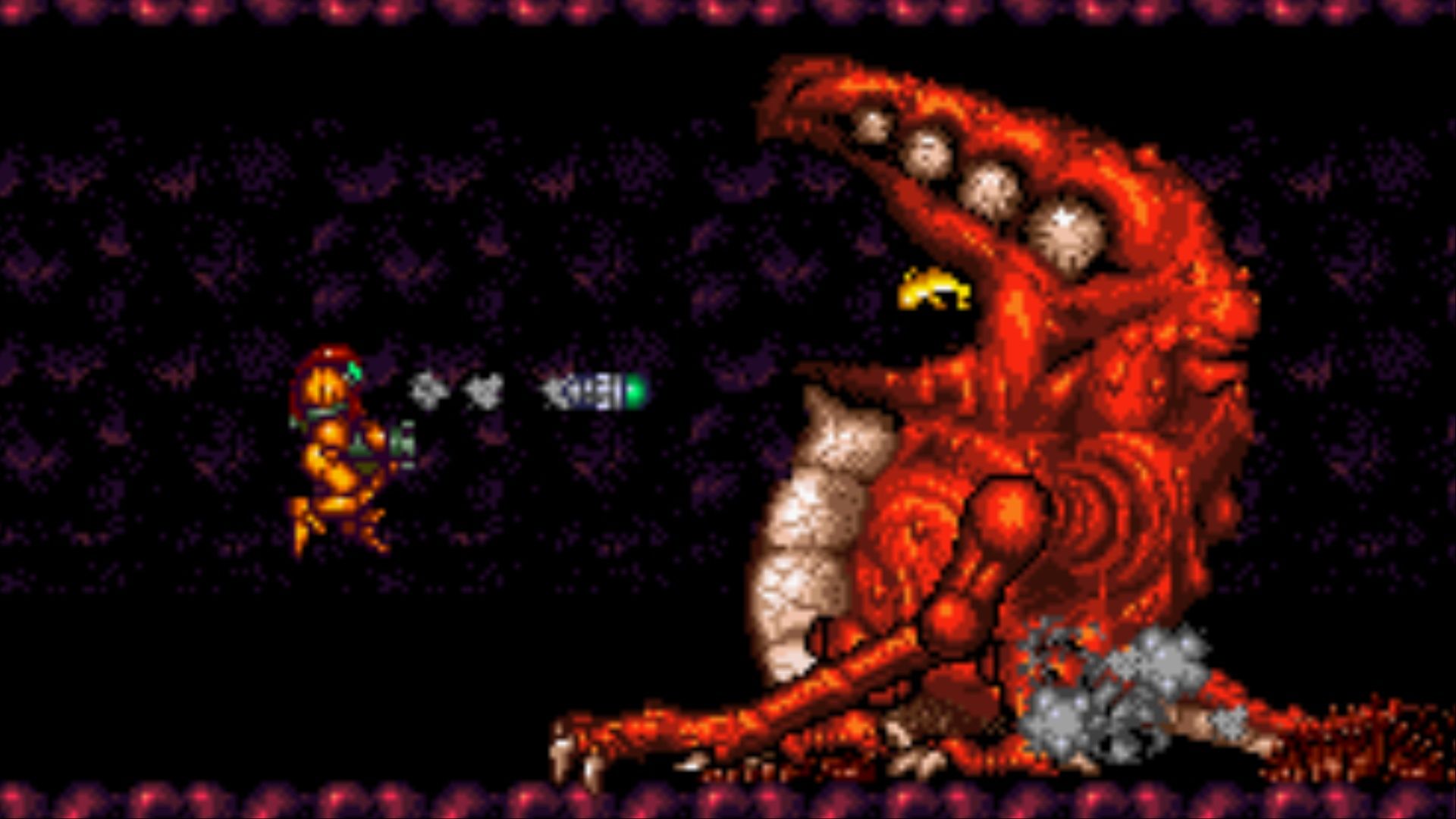 Samus firing a Super Missile at Crocomire in Super Metroid.