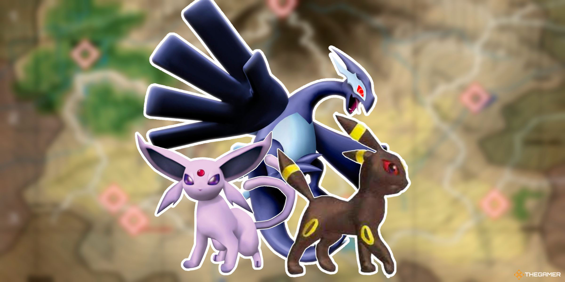 Shadow Lugia Alongside Espeon And Umbreon On Top Of A Map Of The Orre Region From Pokemon Colosseum.