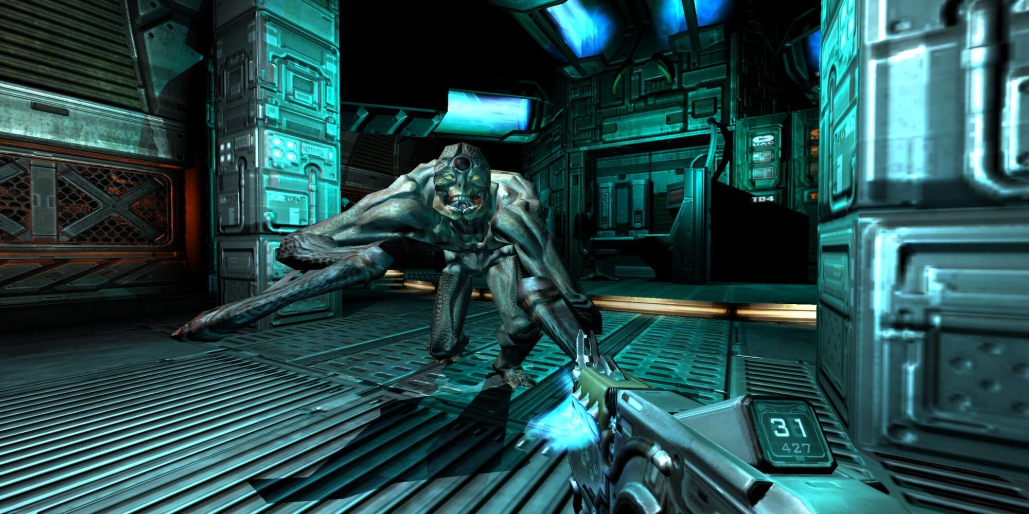 Attacking a single enemy with long limbs in Doom 3.