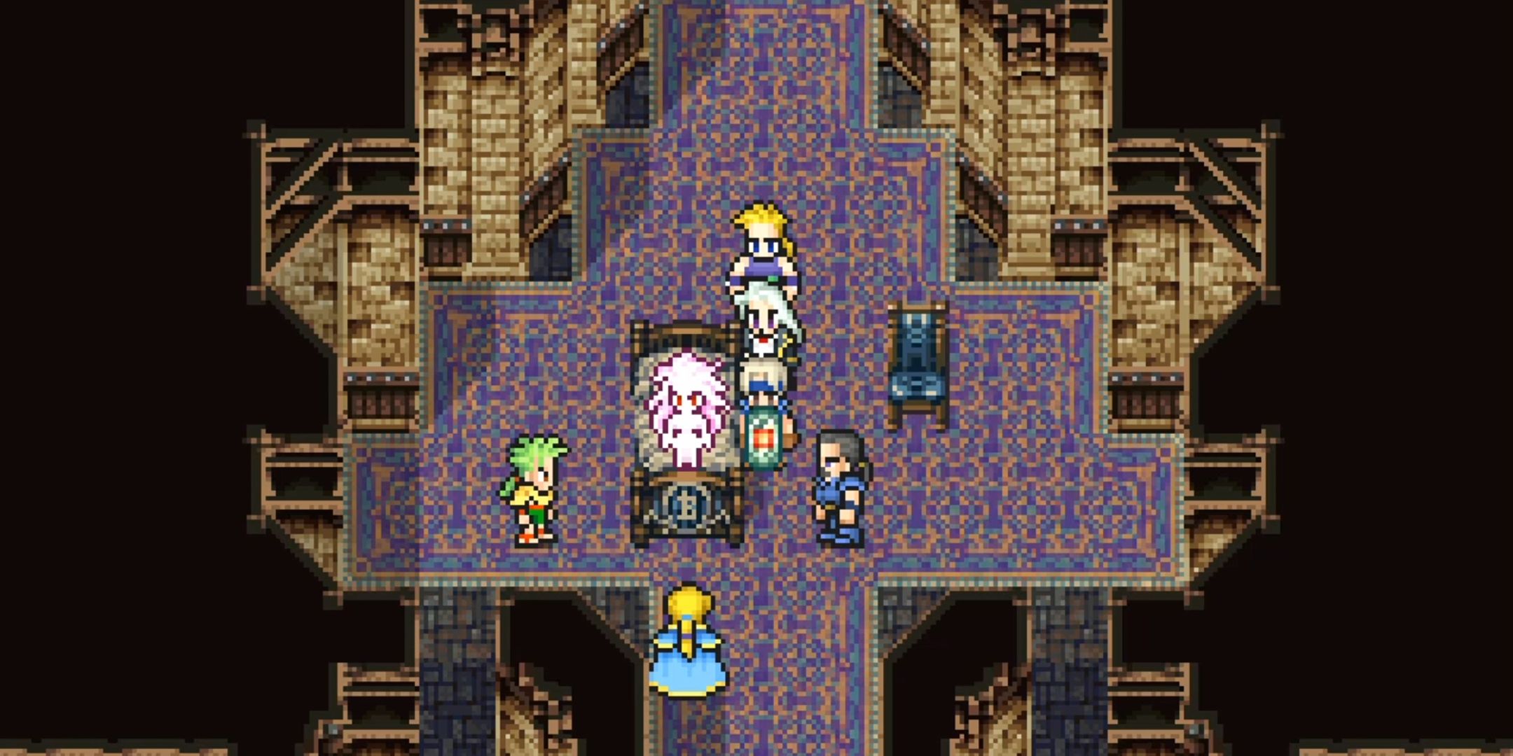 Terra in her esper form resting in bed surrounded by the party in Final Fantasy 6.