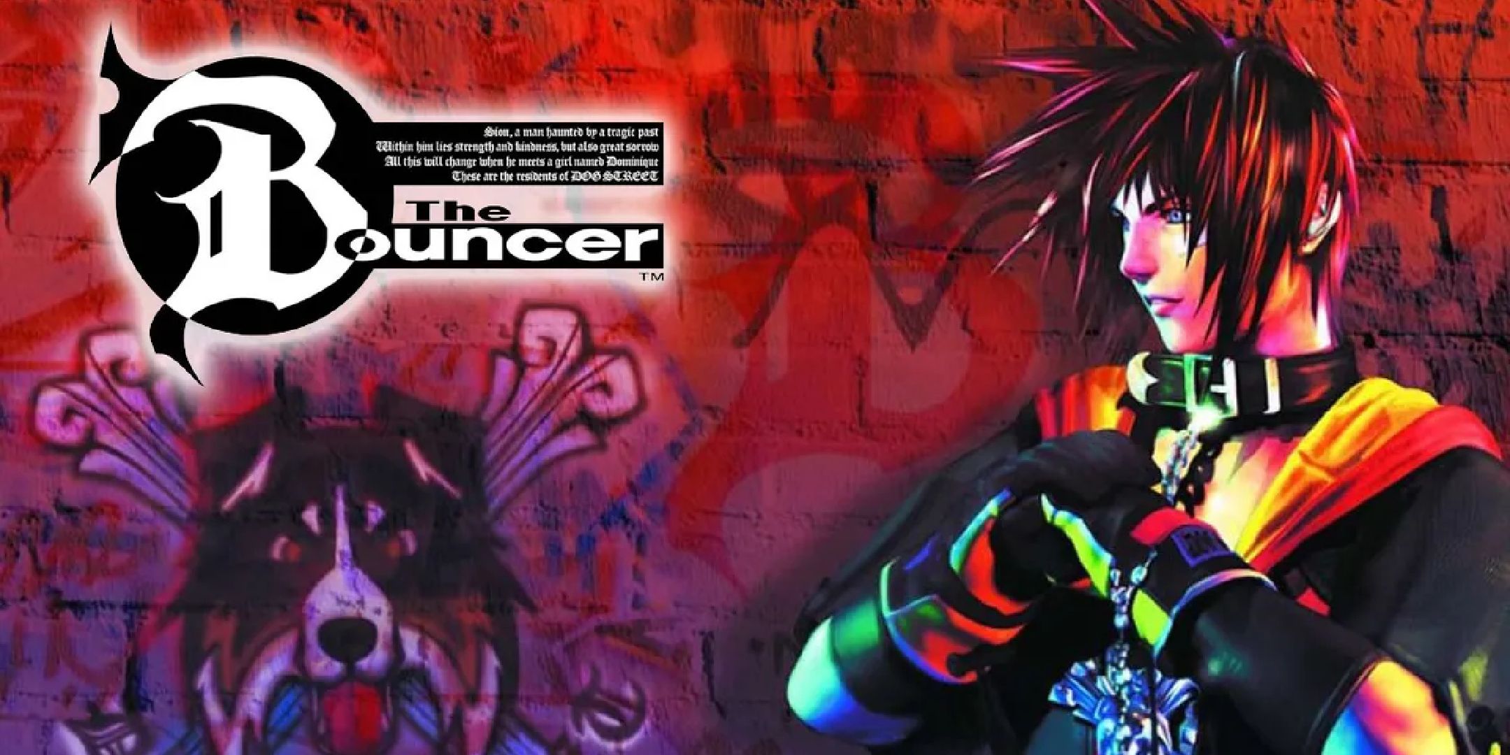 The Bouncer protagonist against a red wall.