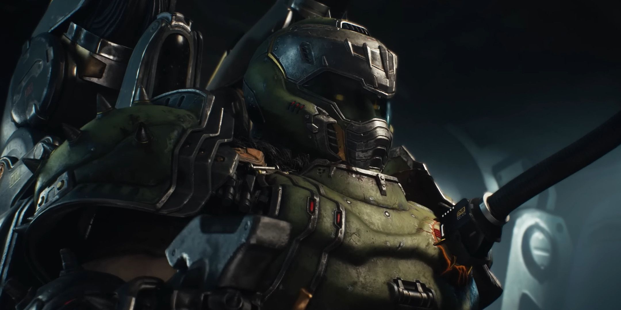 The Doom Slayer sat in the seat of a giant mech