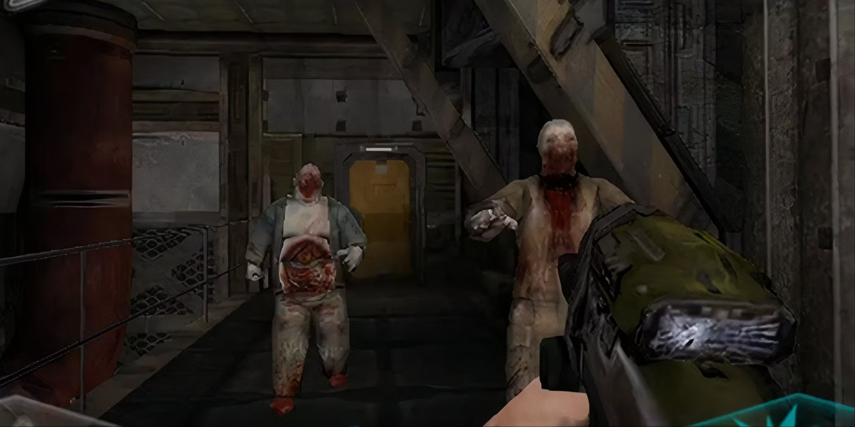The player aiming a massive gun at zombie-like enemies in Doom Resurrection.