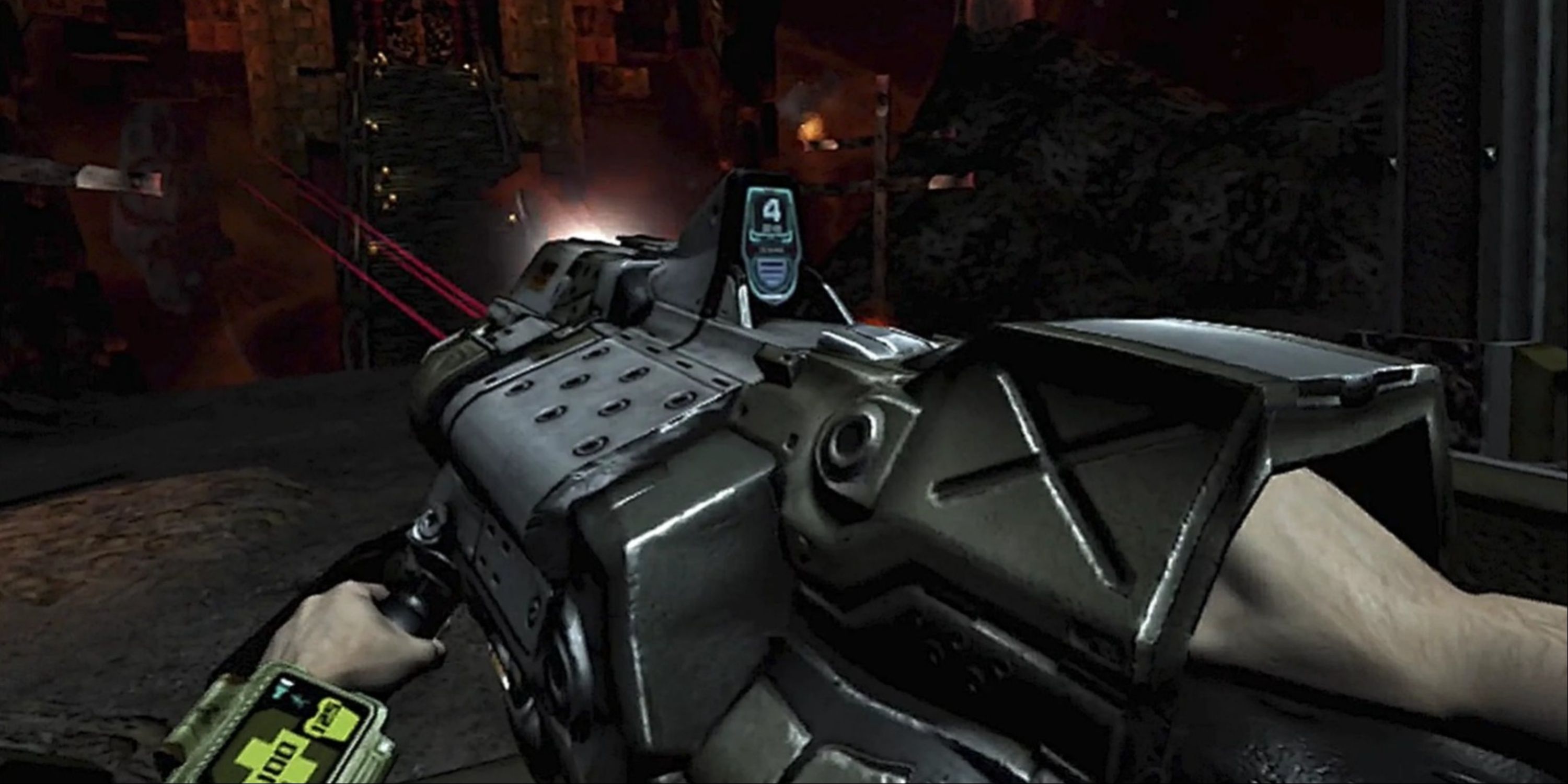 The player weilding a massive gun in Doom 3 VR Edition with health stats displayed.