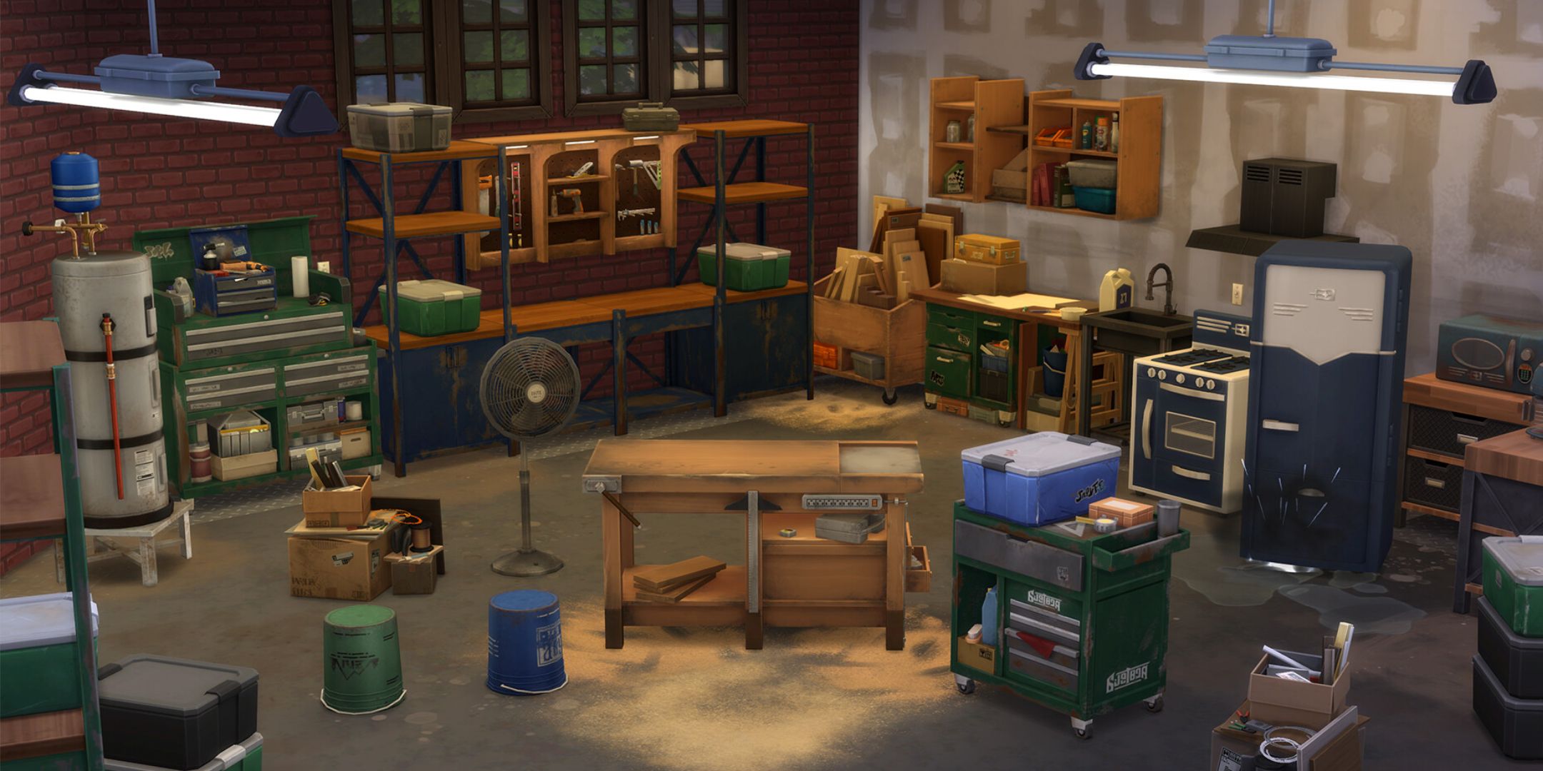 The Sims 4 Workshop Restoration Kit Old Garage covered in clutter.