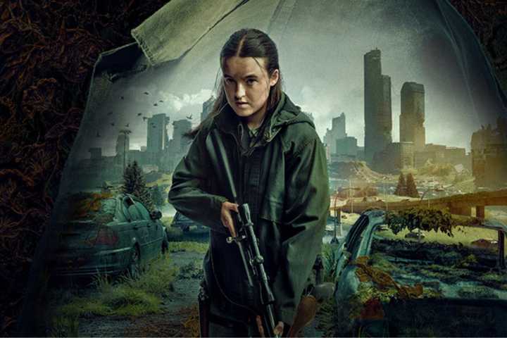 Ellie holding a rifle in key art for The Last of Us Season 2.