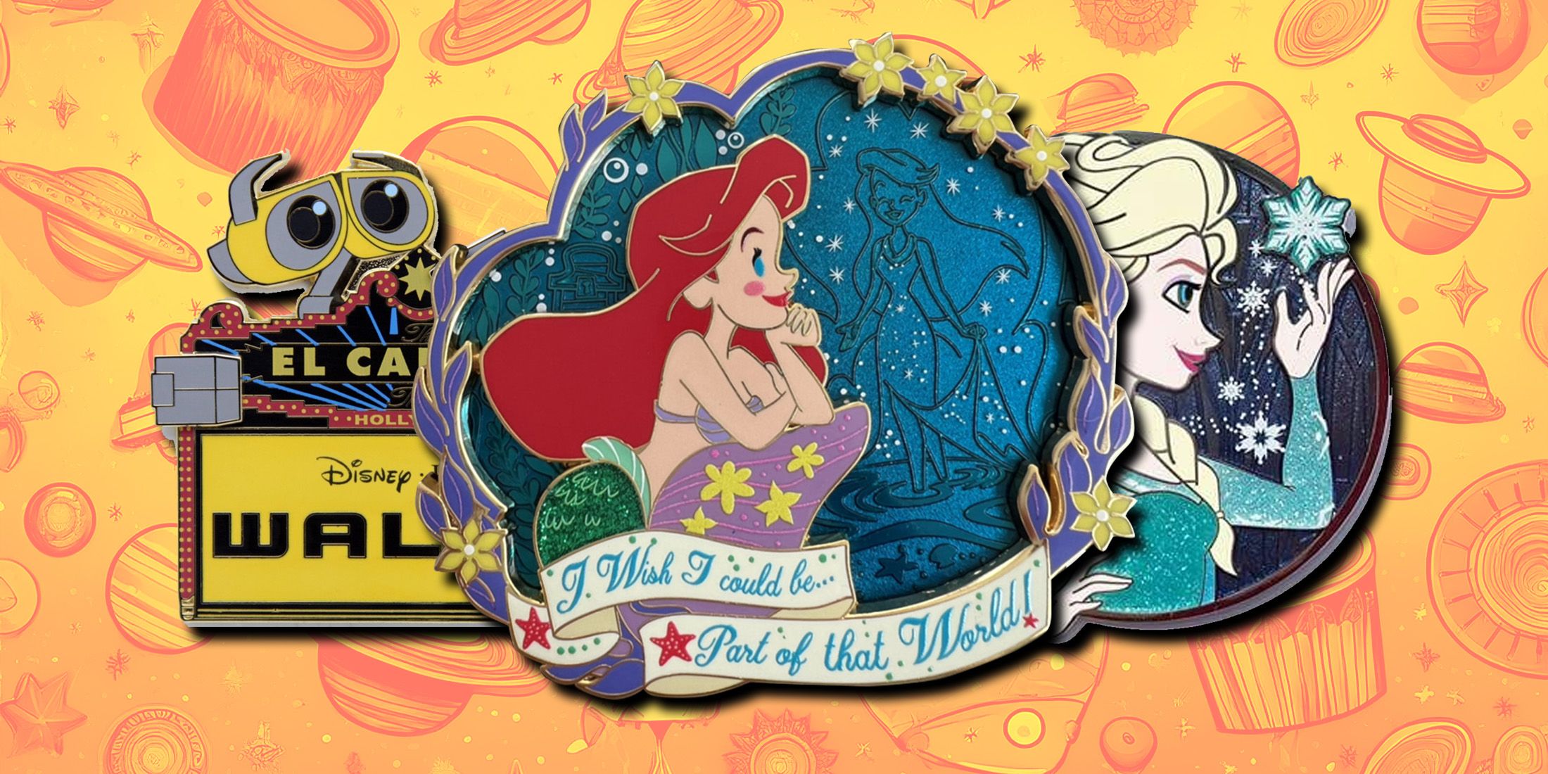 Three Disney pins - Wall-E, Elsa and Ariel.